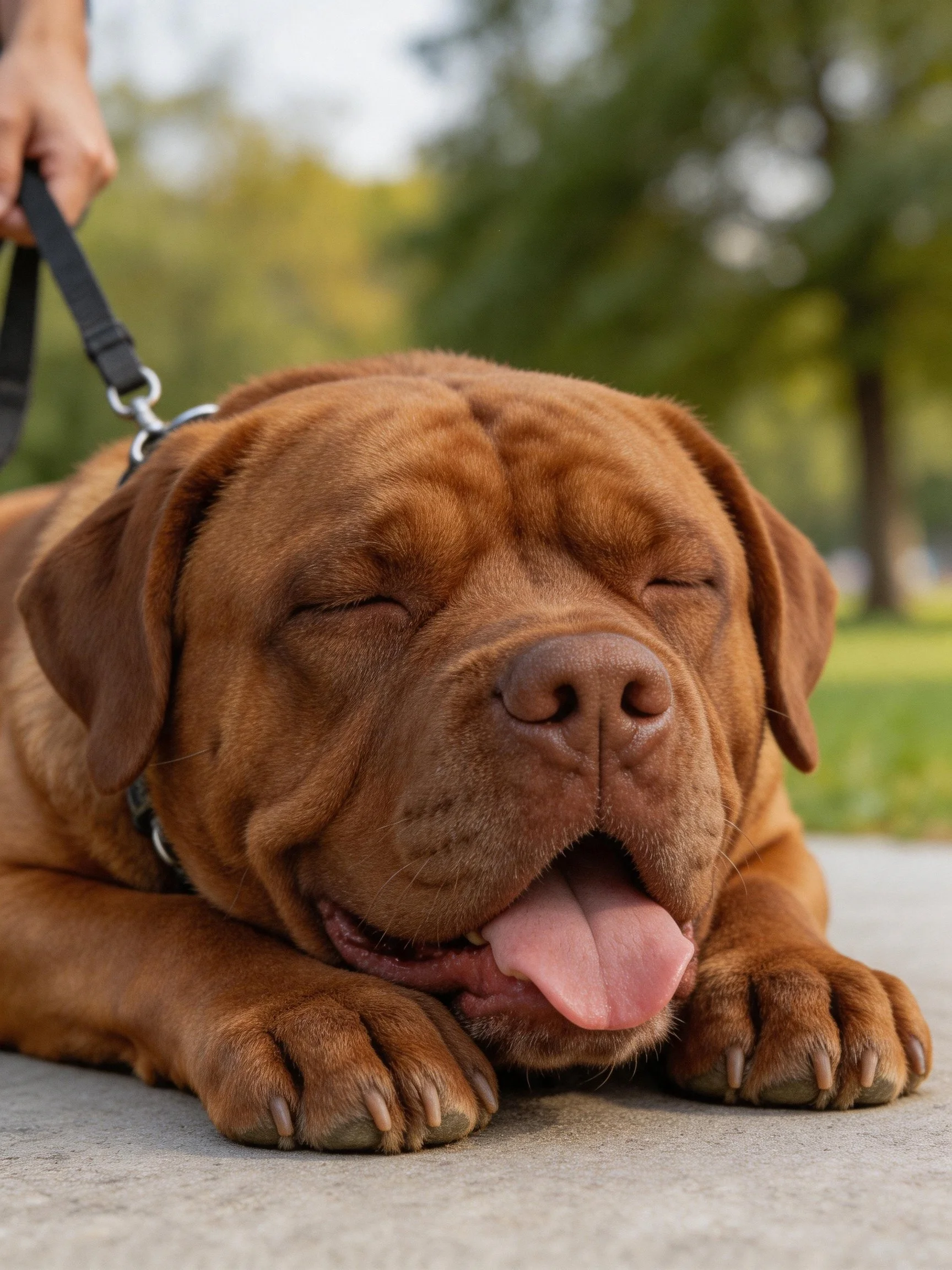 A relaxed brown dog reclines on concrete pavement with a leash