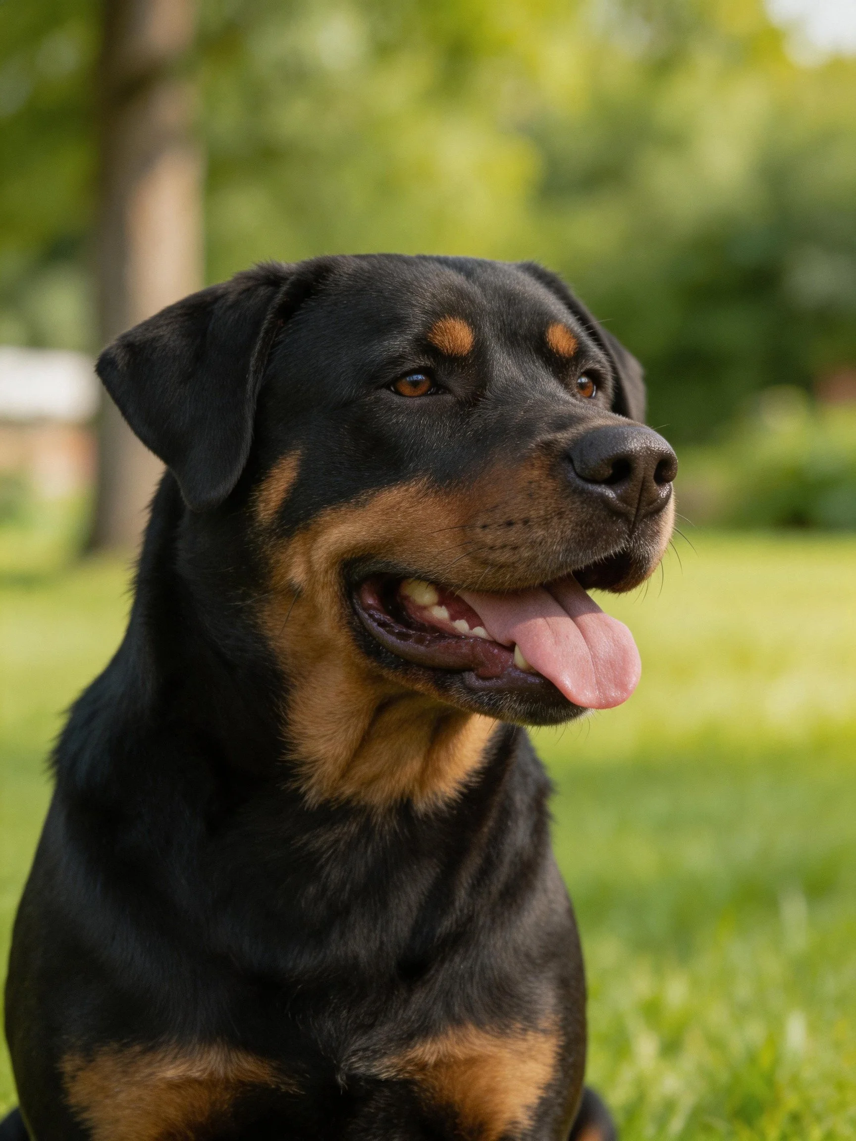 A robust Rottweiler with black and tan fur sitting outdoors