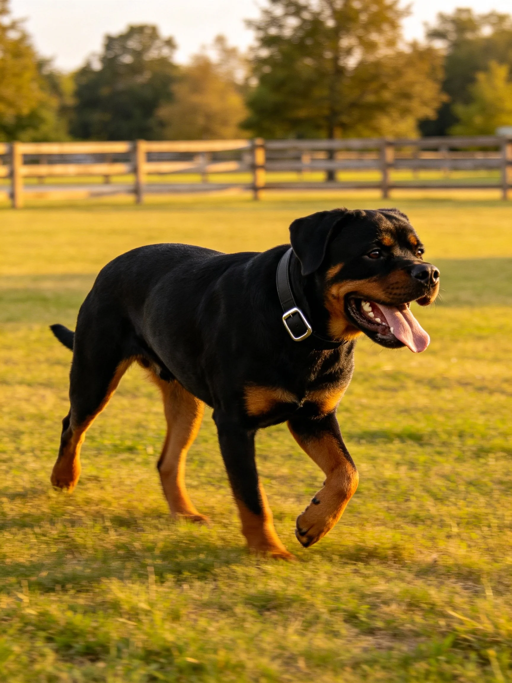 A robust black and tan Rottweiler runs joyfully on a sunlit grassy field
