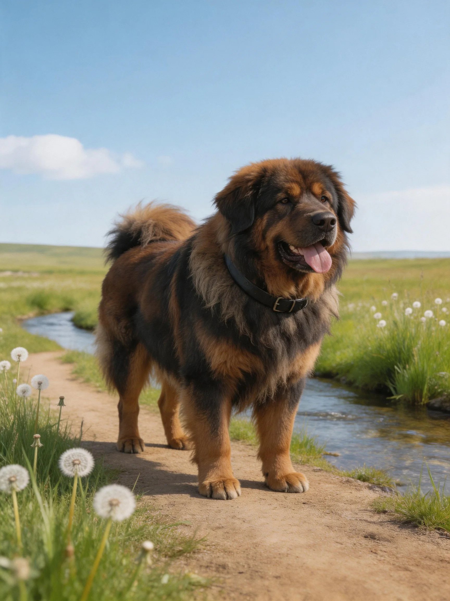 A robust brown and black dog stands beside a small stream in a grassy landscape.
