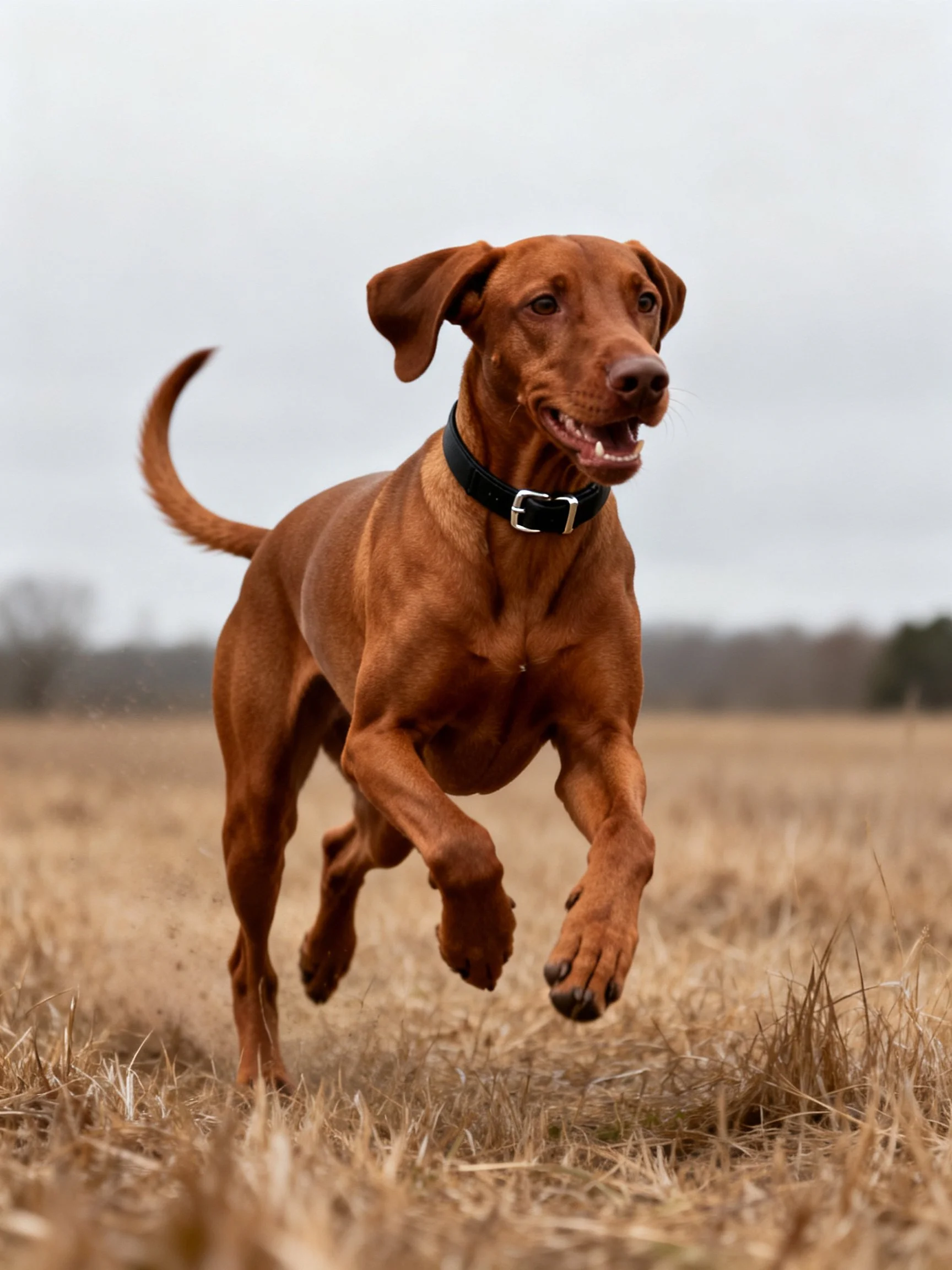 A robust reddish-brown dog sprints across dry grassy fields