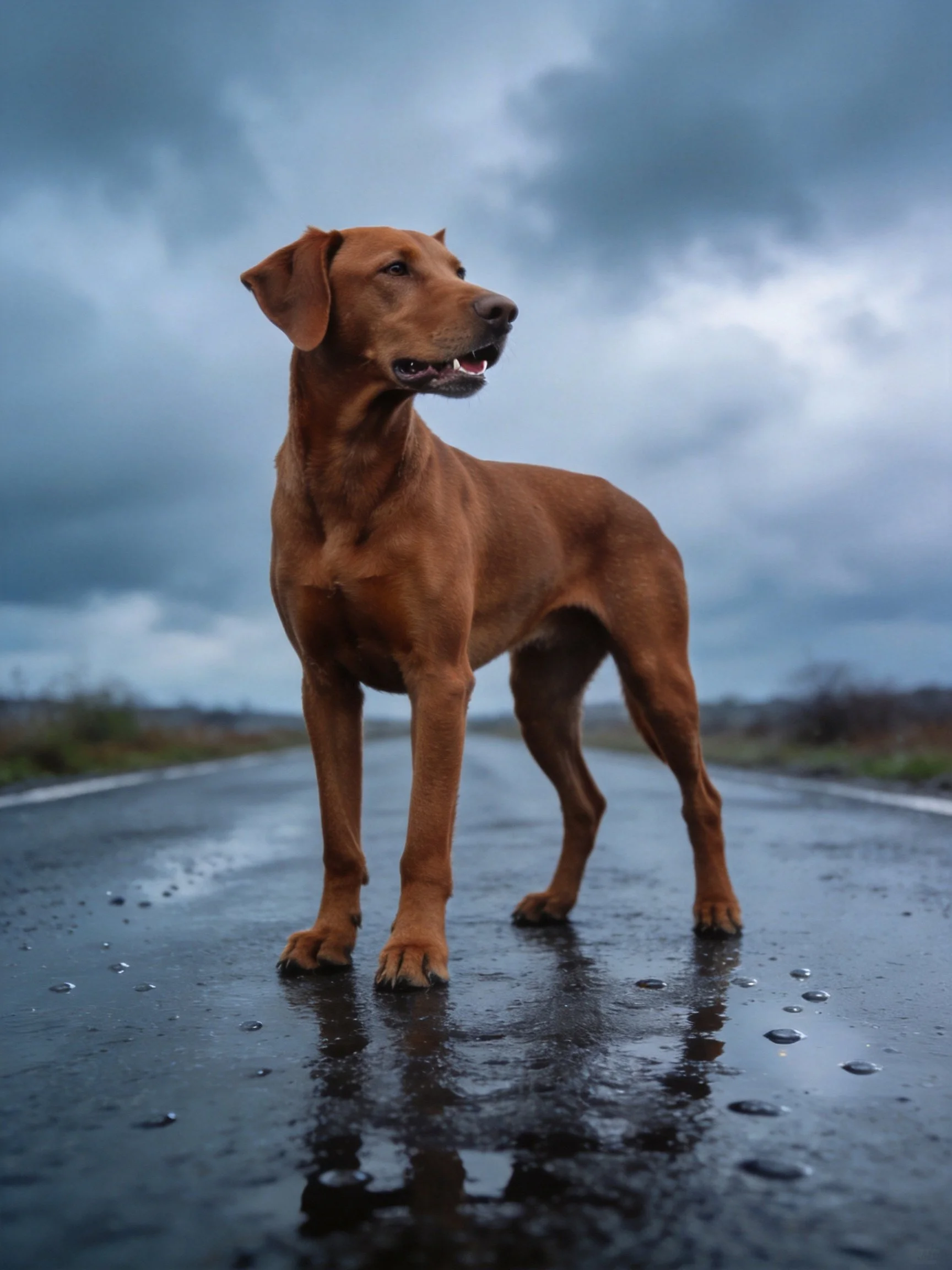A robust reddish-brown dog stands on a wet asphalt road under stormy skies