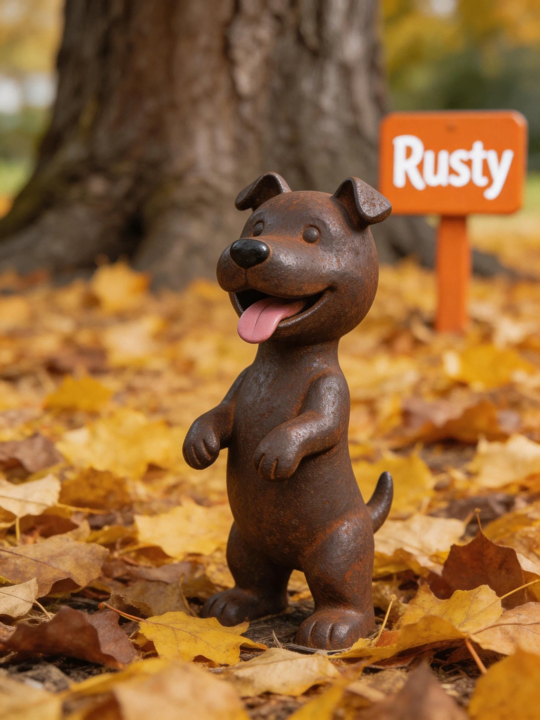 A rust-colored dog statue sits among autumn leaves next to a Rusty sign.