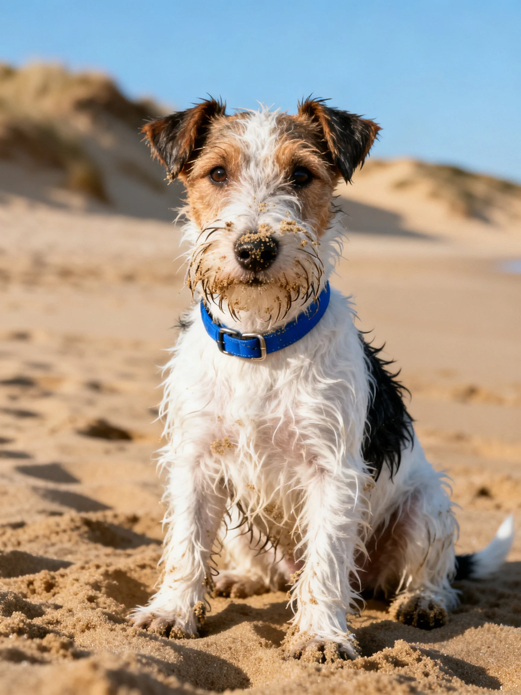 A Fox Terrier with sand on its face rests on a sandy beach.
