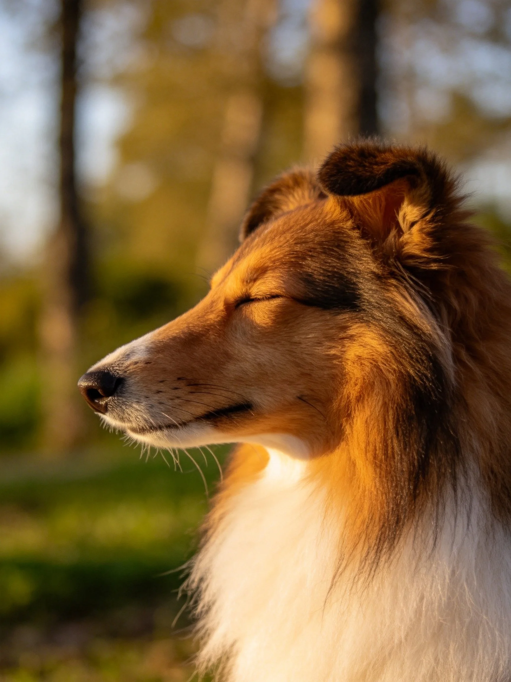 A Sheltie with closed eyes enjoys golden sunlight in a forested area.