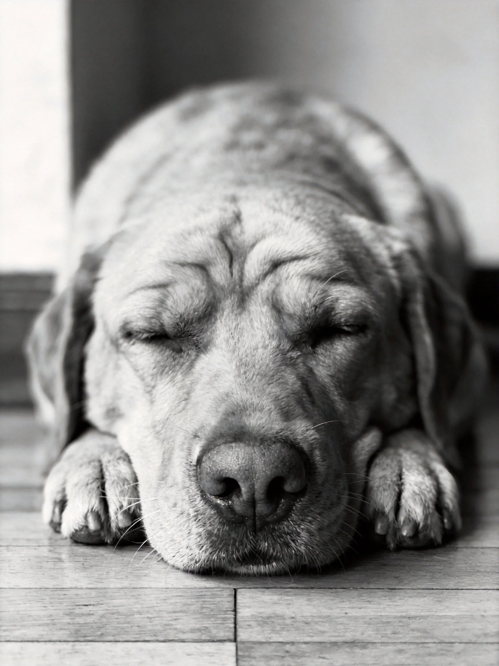 A serene black - and - white photo of a resting dog on wooden flooring