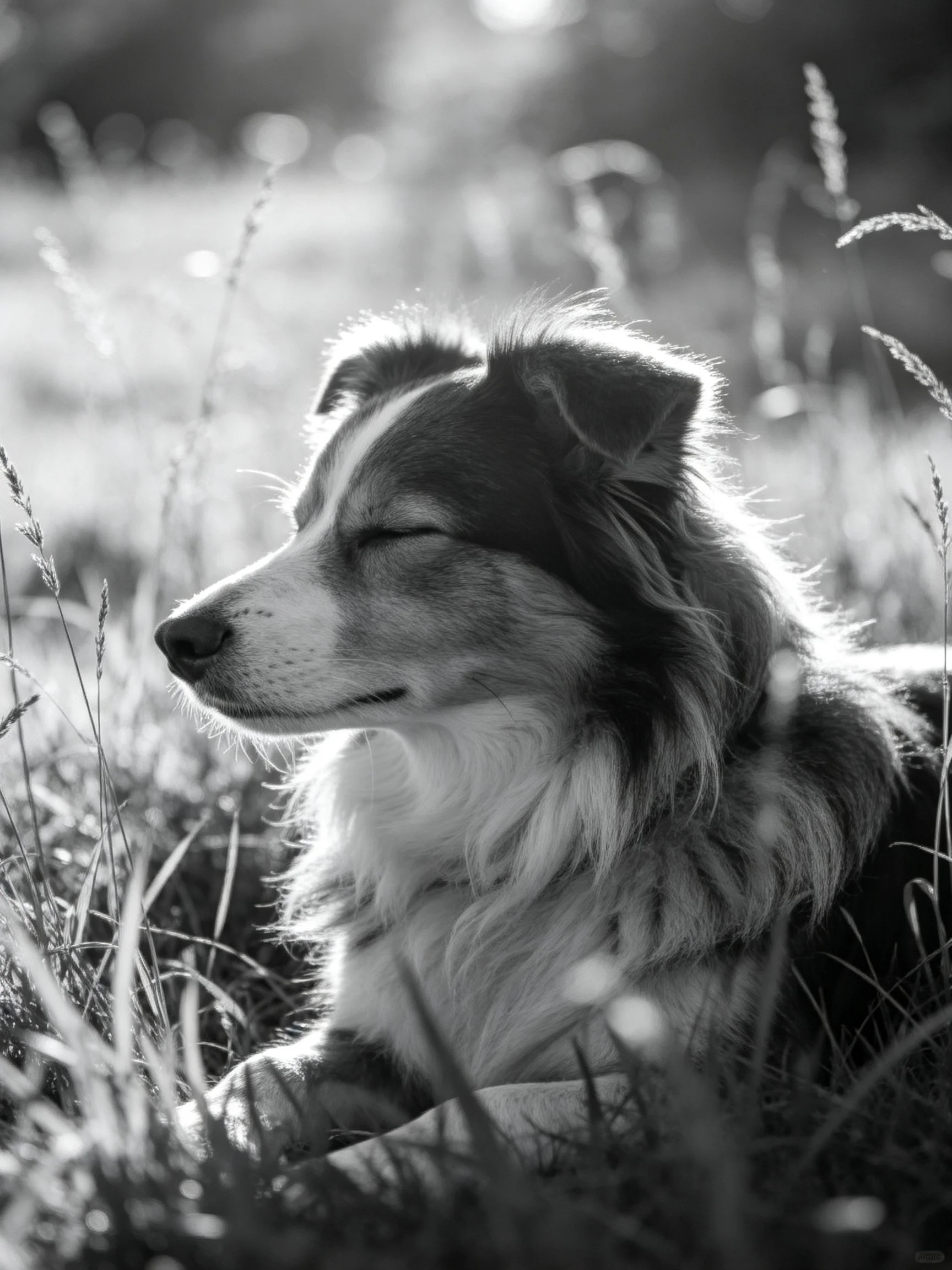 A serene black - white portrait of a collie resting in tall grass