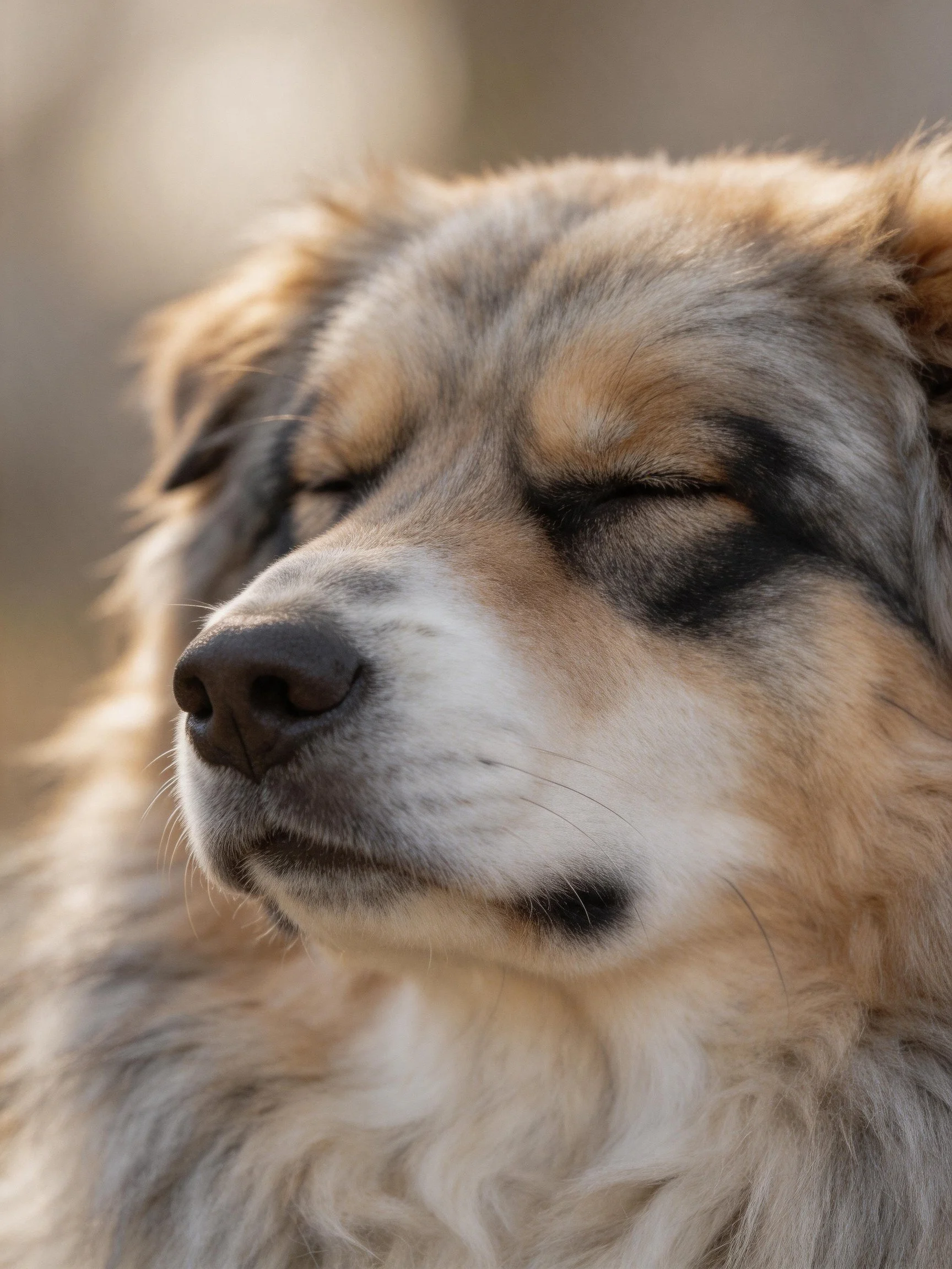 A serene dog with multicolored fur appears peaceful with closed eyes