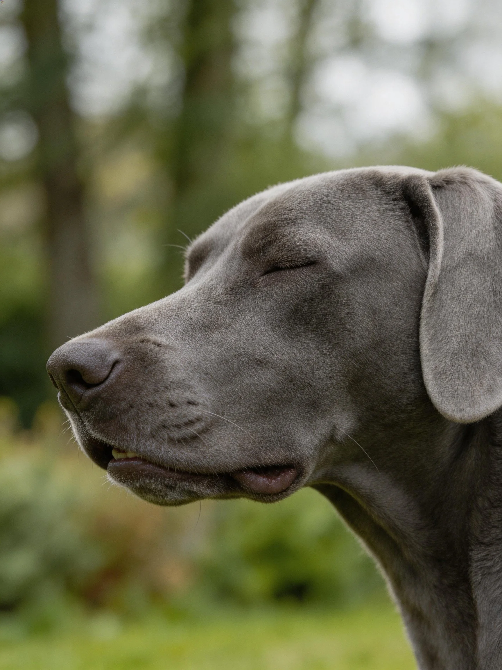 A serene gray Weimaraner with closed eyes outdoors