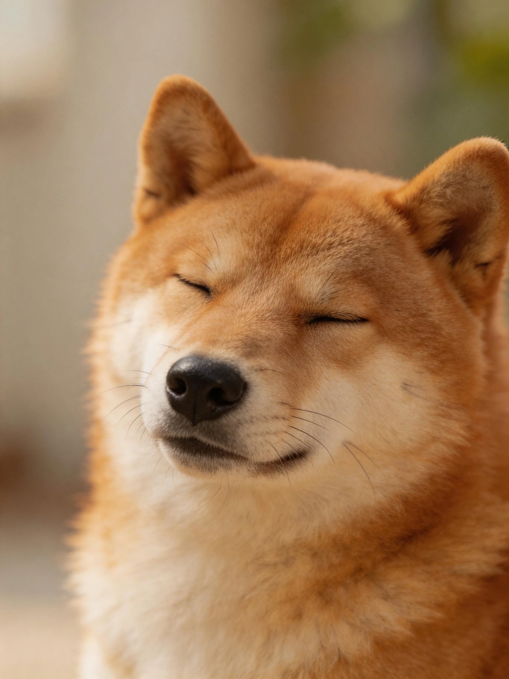 A serene tan Shiba Inu with closed eyes in soft focus
