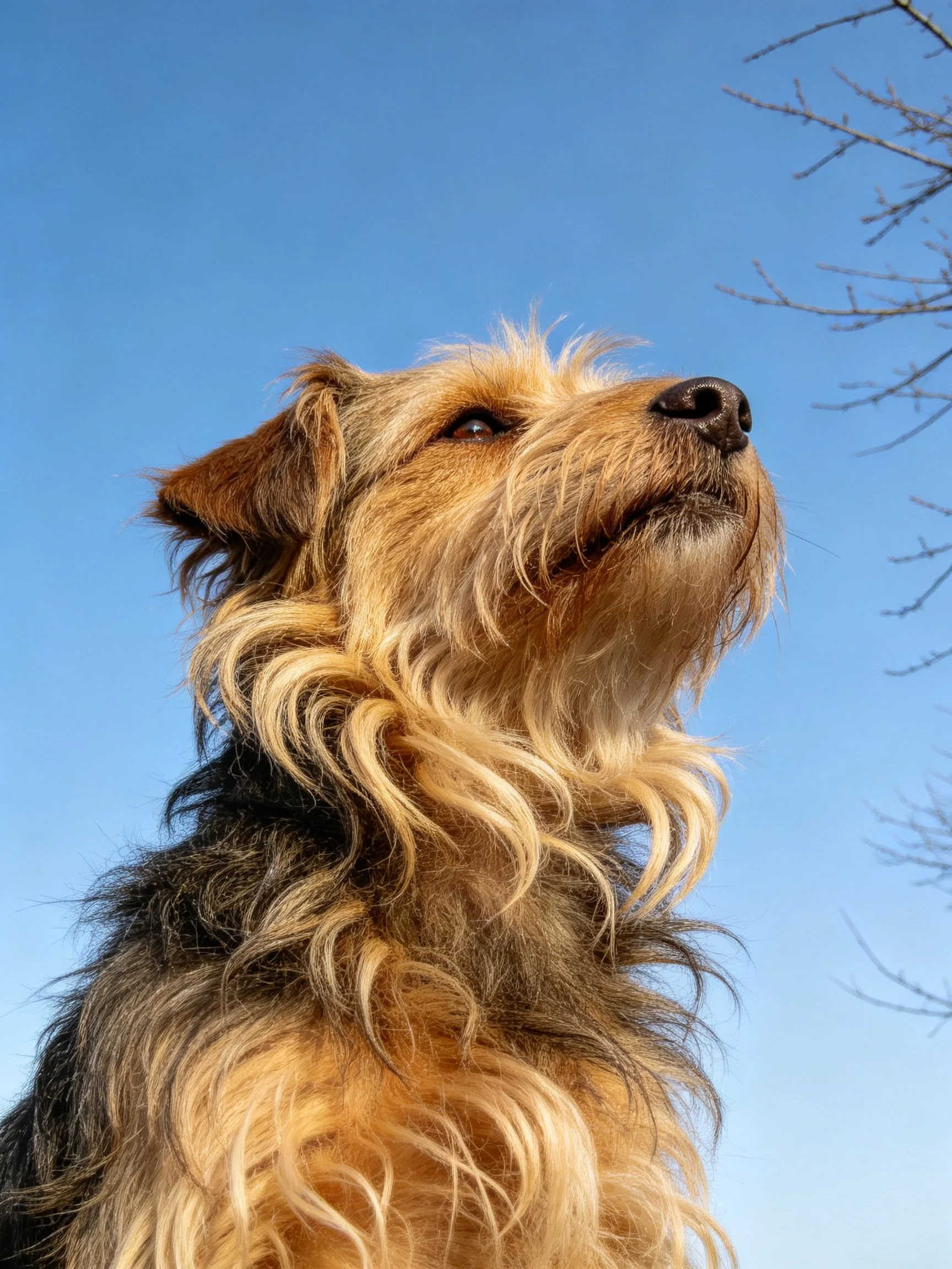 A shaggy brown and black dog gazes upward at a clear blue sky