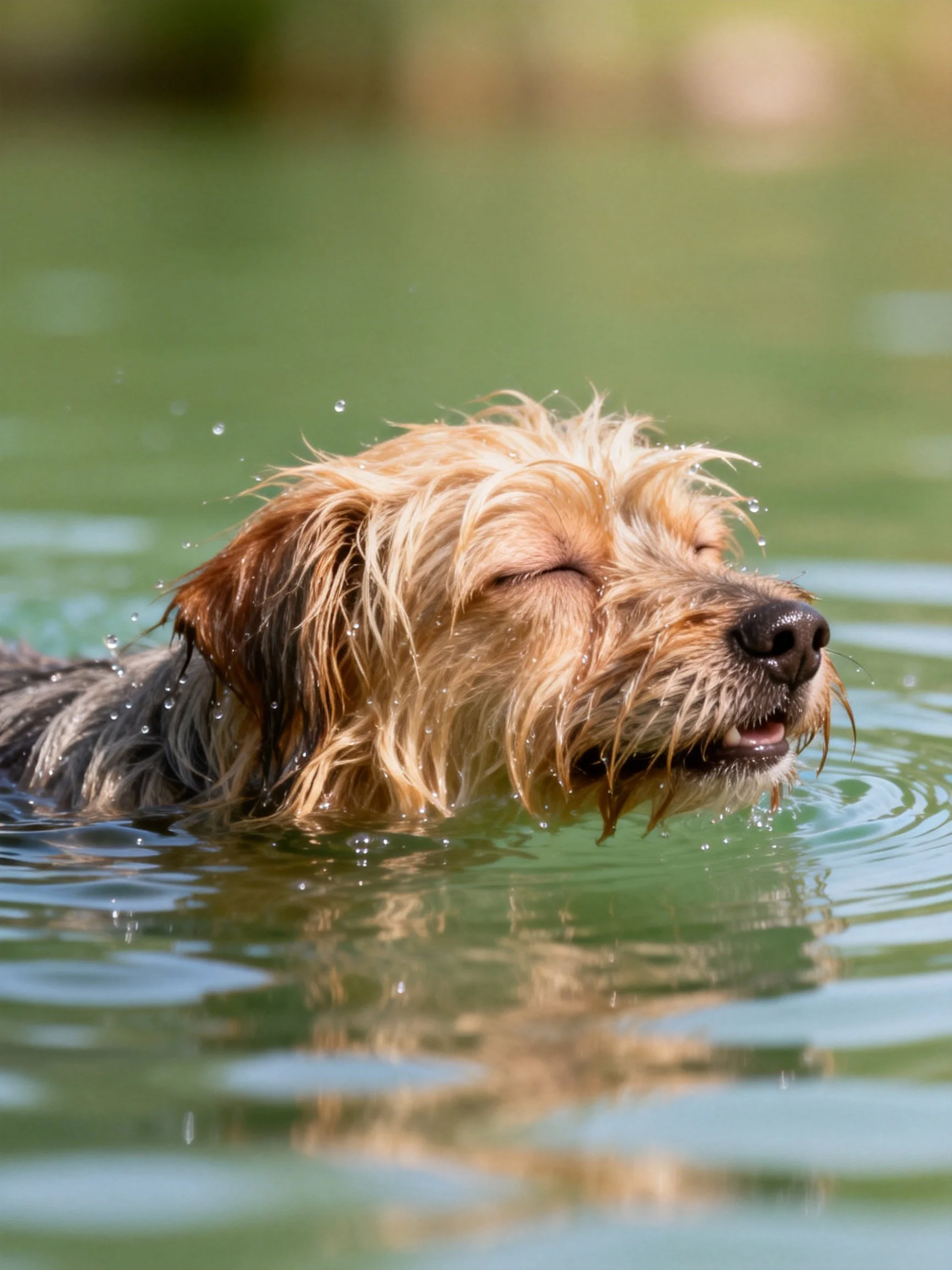 A shaggy dog enjoys swimming in calm water.