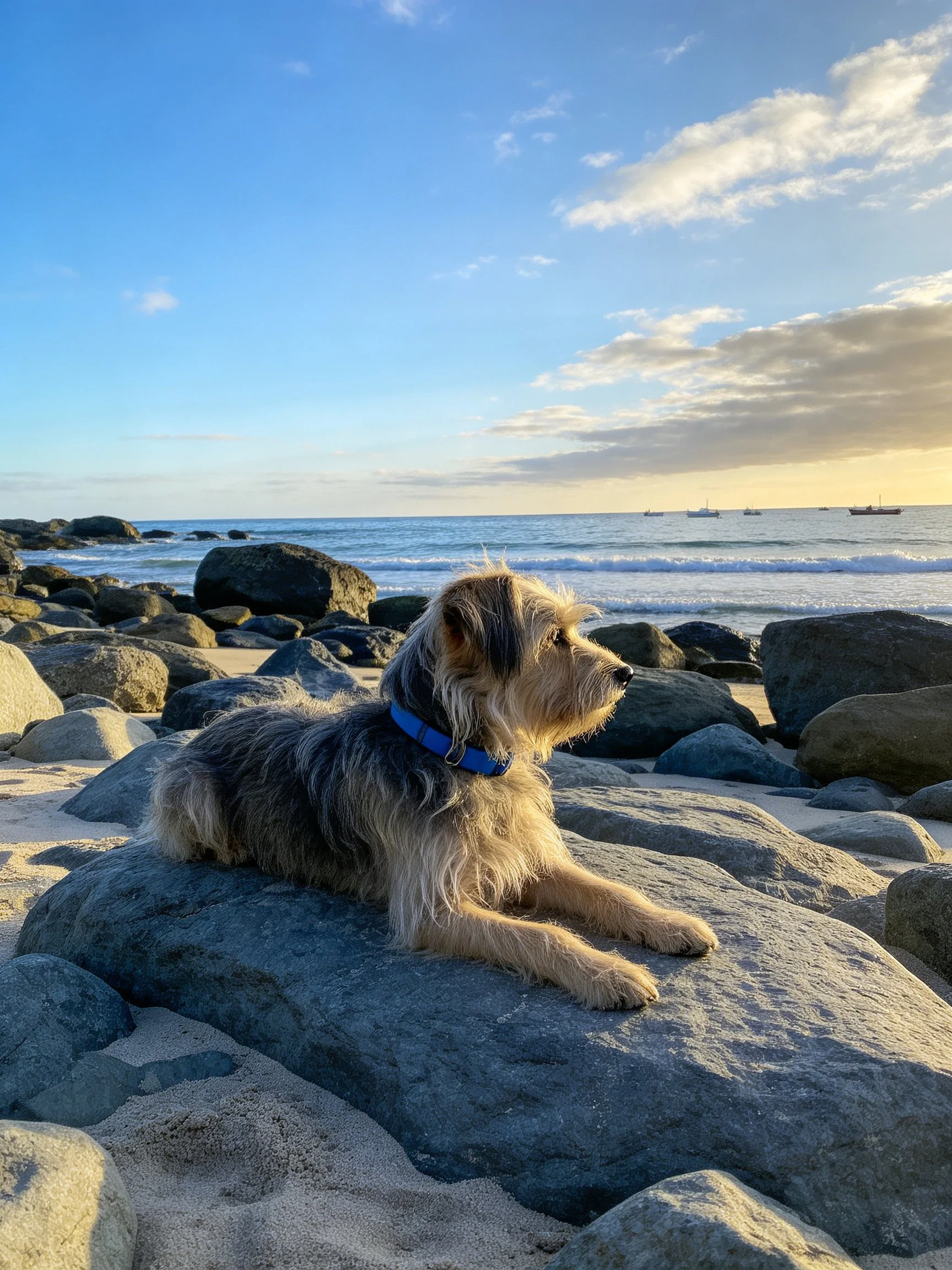 A shaggy dog relaxes on rocks near the ocean shoreline