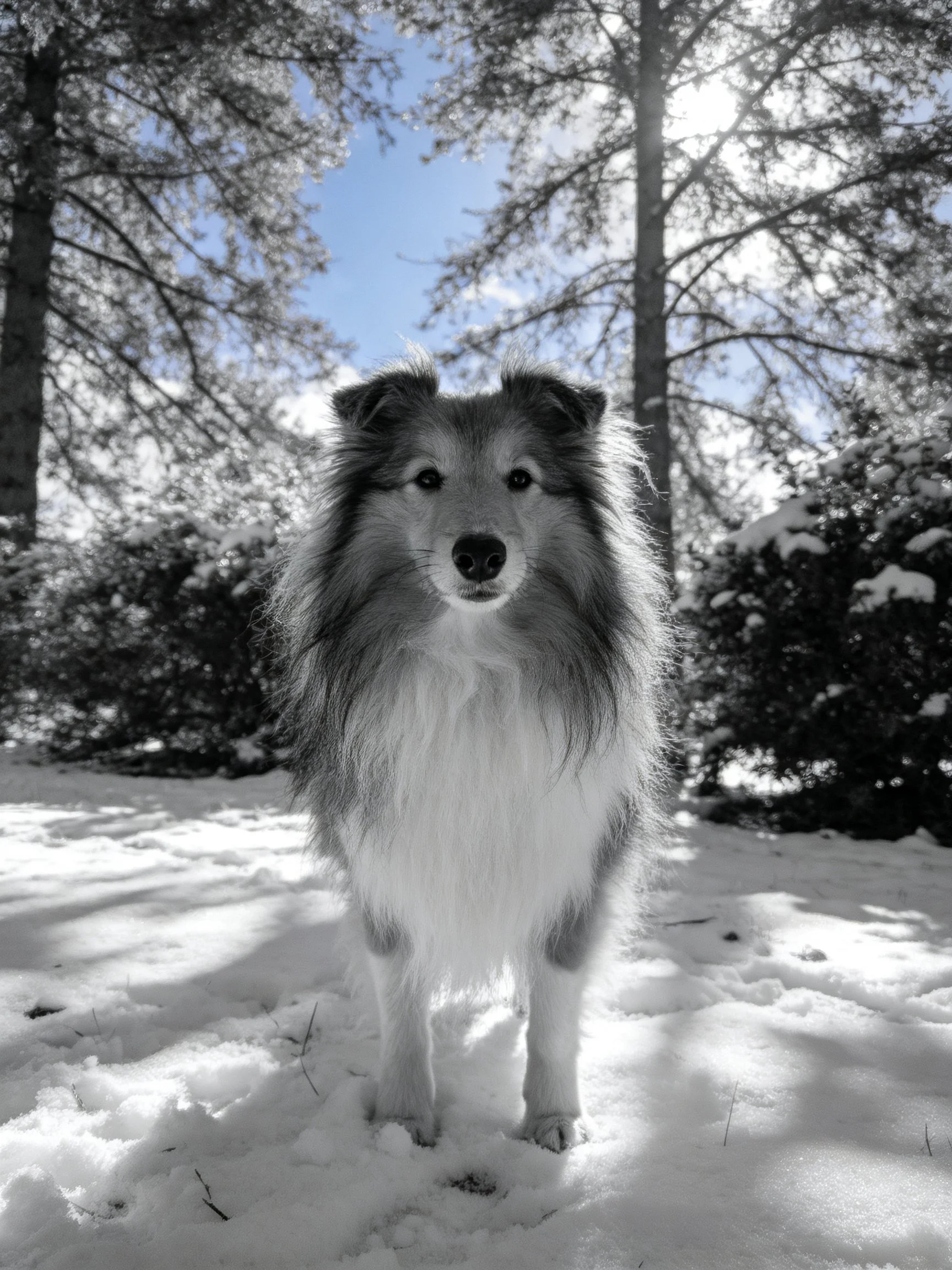 A shaggy-coated dog stands in a snowy area near tall trees