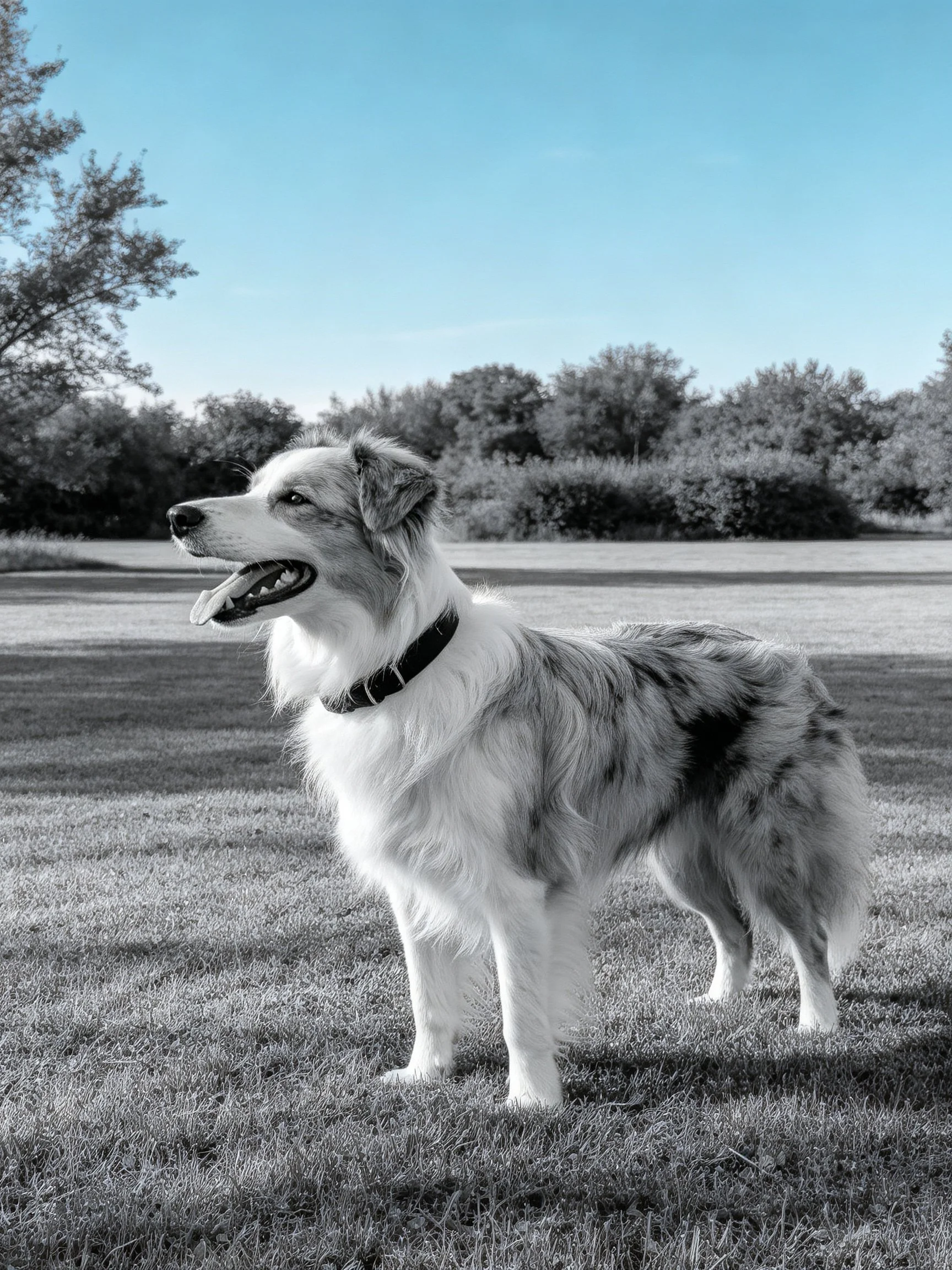A shaggy-coated dog stands on grass in a sunny outdoor landscape.