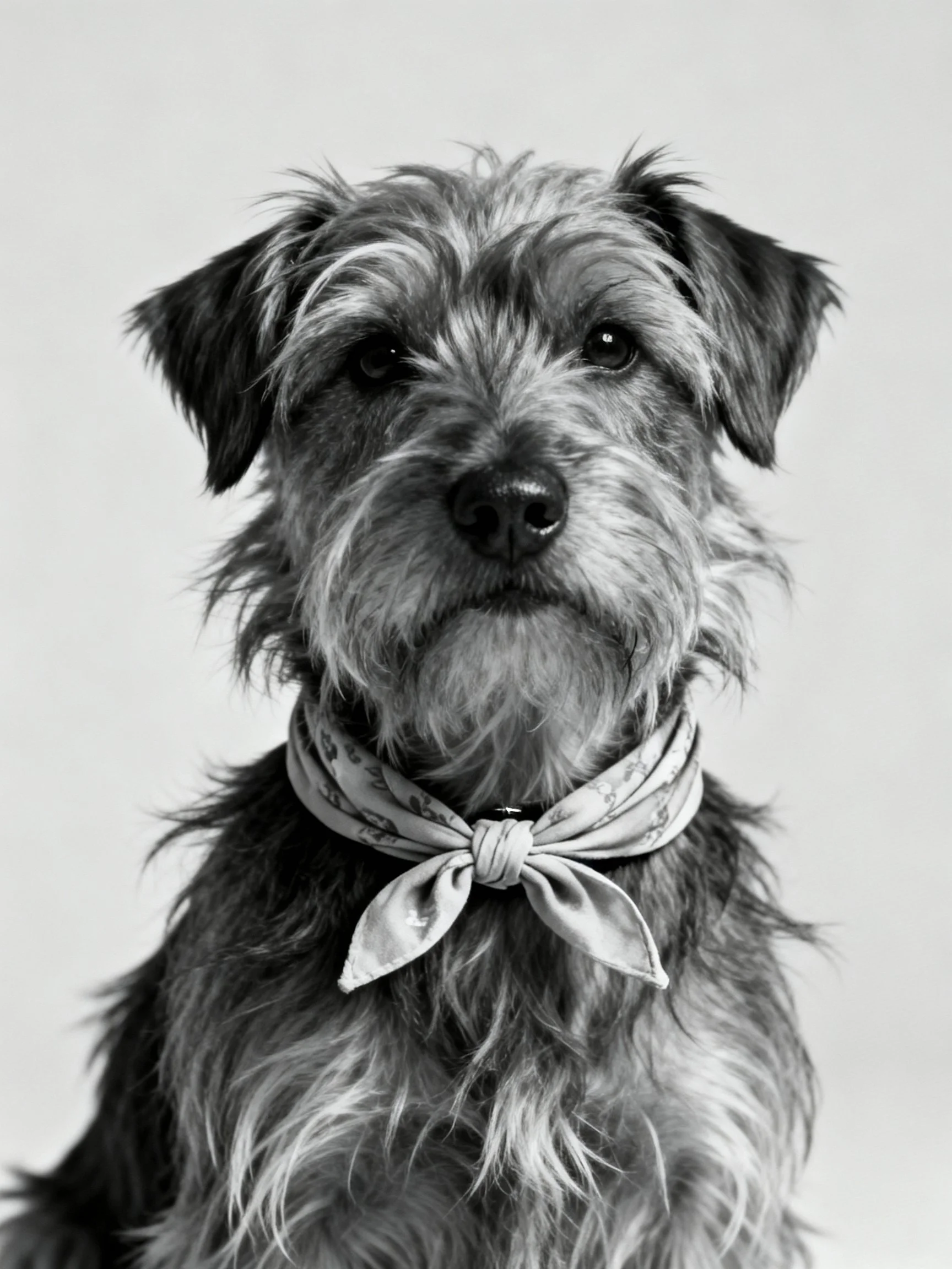 A shaggy-coated dog wearing a patterned bandana in monochrome