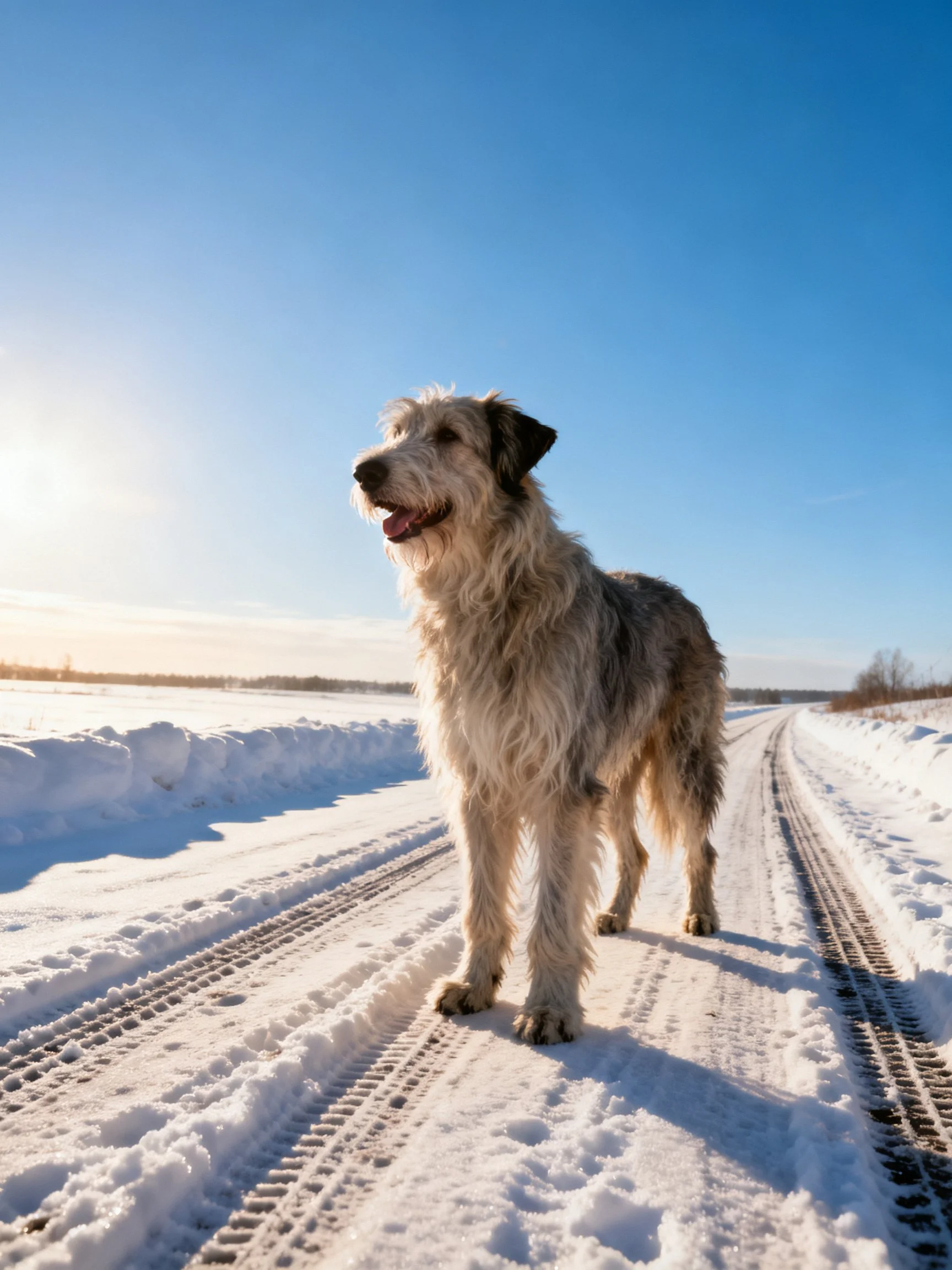 A shaggy dog stands on a snowy rural road