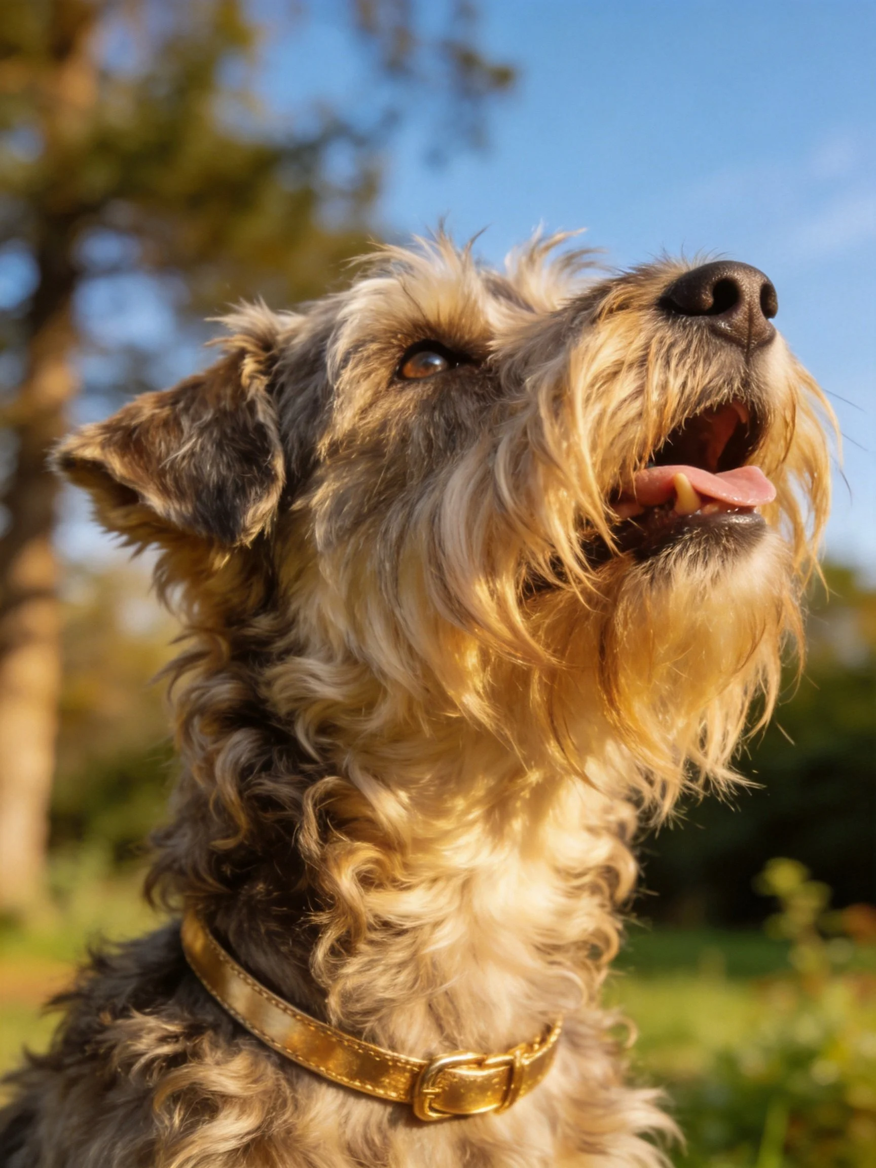 A shaggy dog with a golden collar enjoys the sunny outdoor environment.