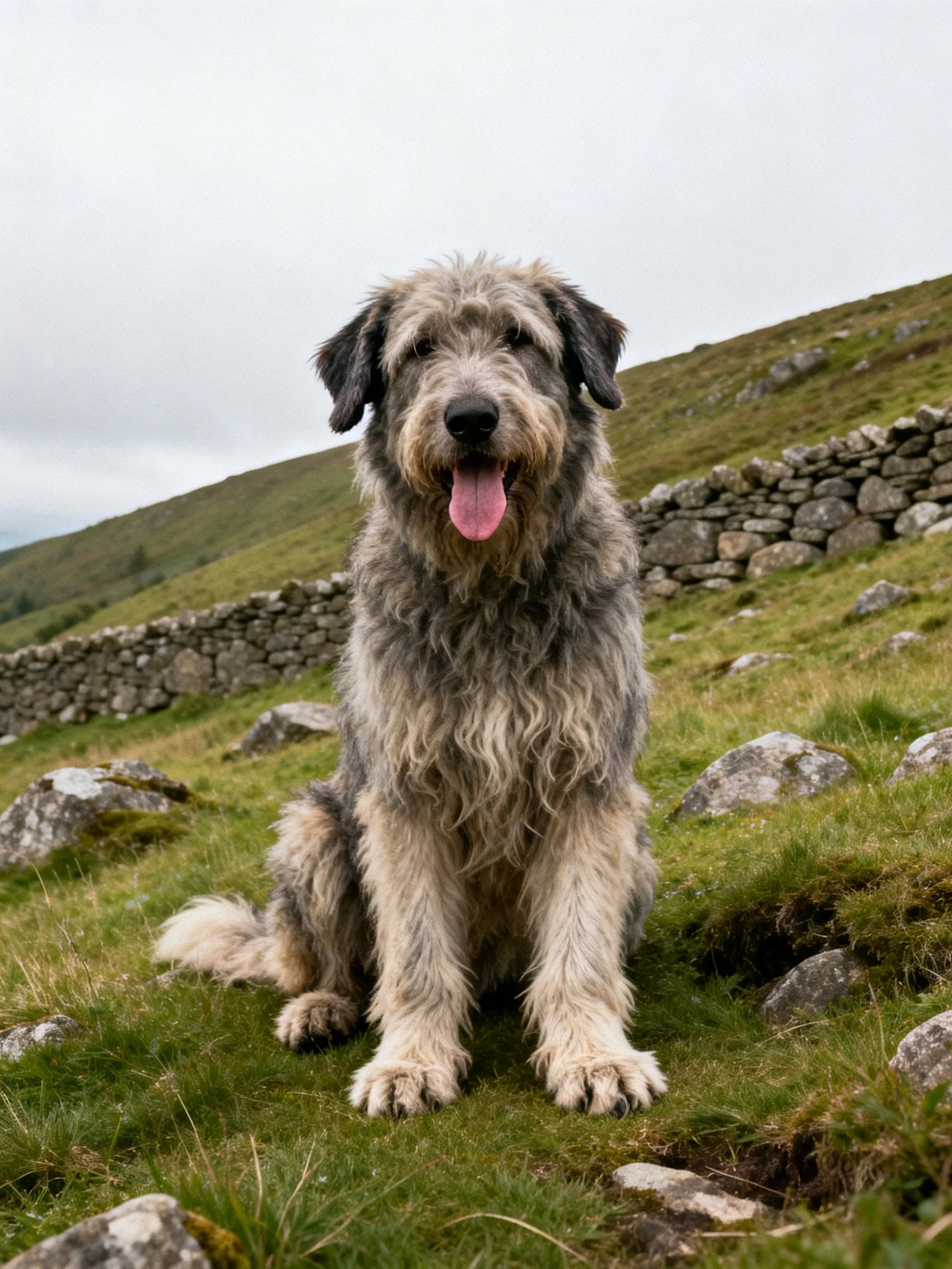 A shaggy dog sits calmly amid grass and stone structures.