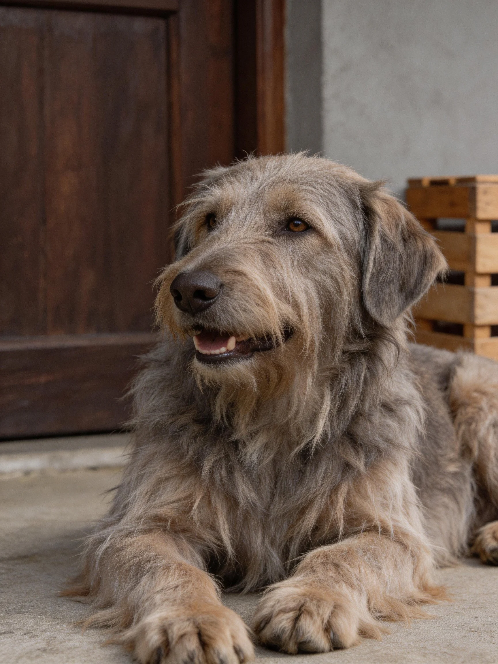 A shaggy gray dog rests near a dark wooden door