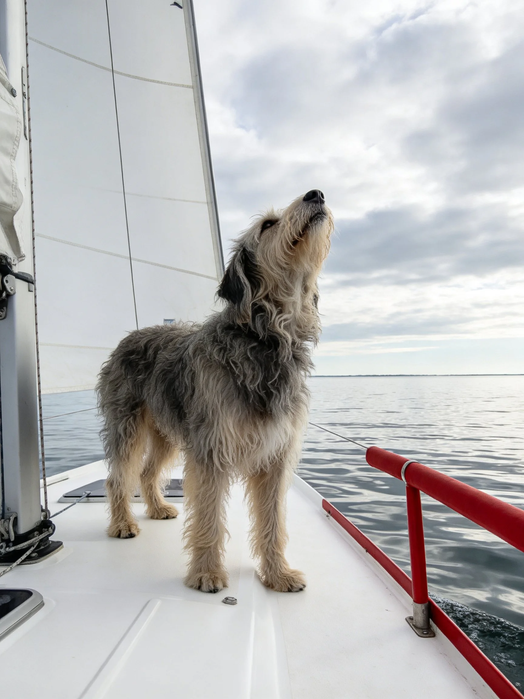 A shaggy dog looks upward while on a sailboat near calm water.