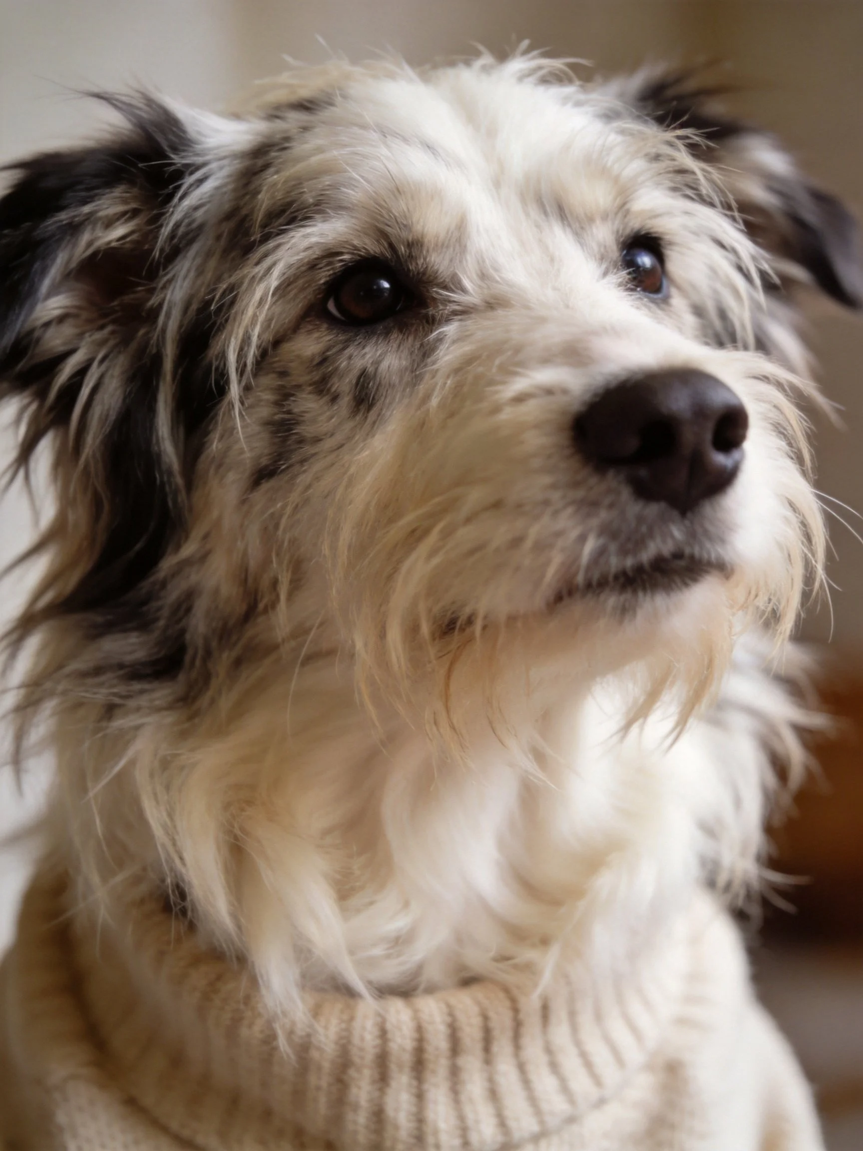 A shaggy mixed-breed dog with white and black fur is dressed in a cream sweater.