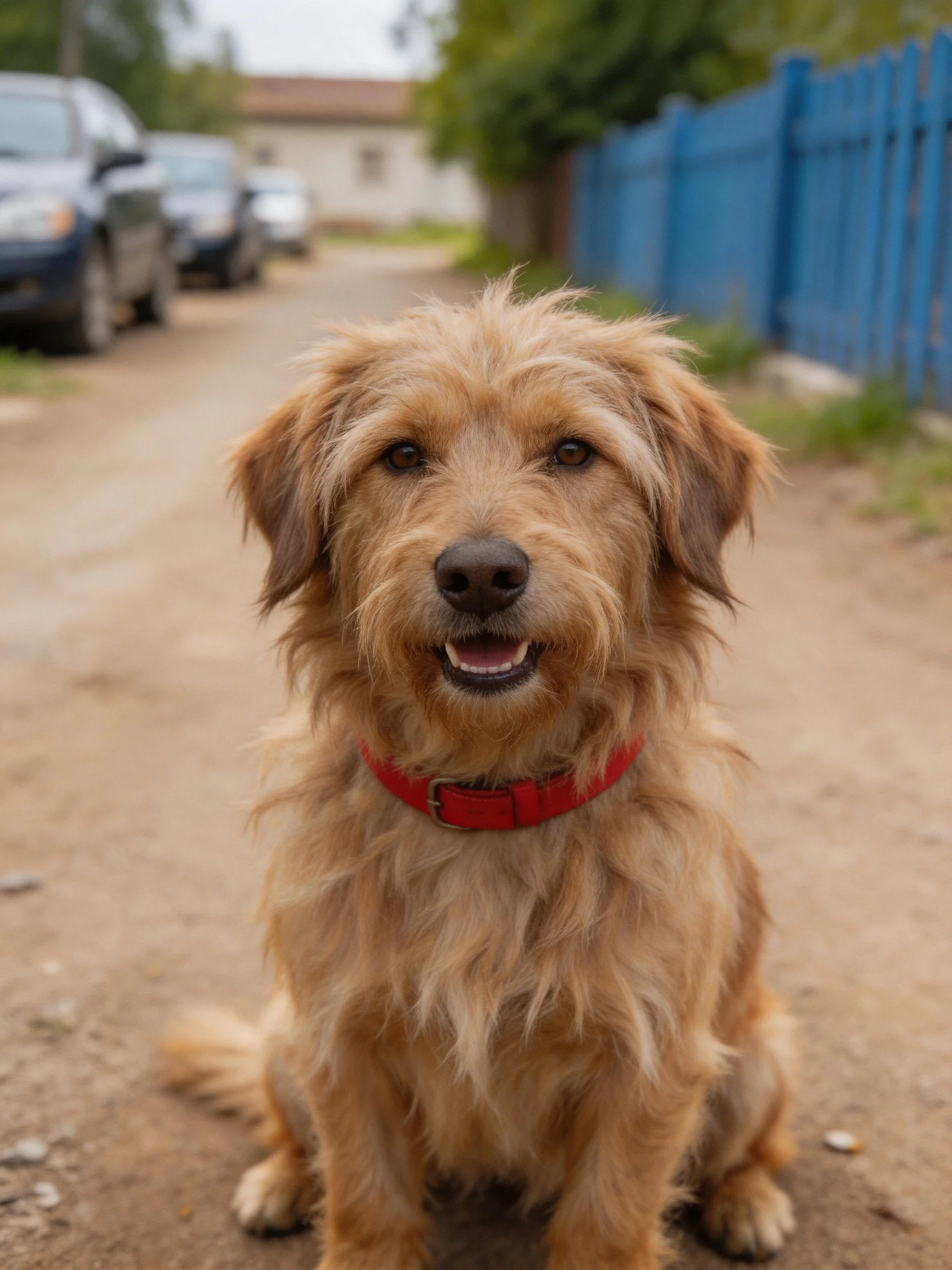 A shaggy tan dog with a red collar sits on a dirt road near parked cars and a blue fence