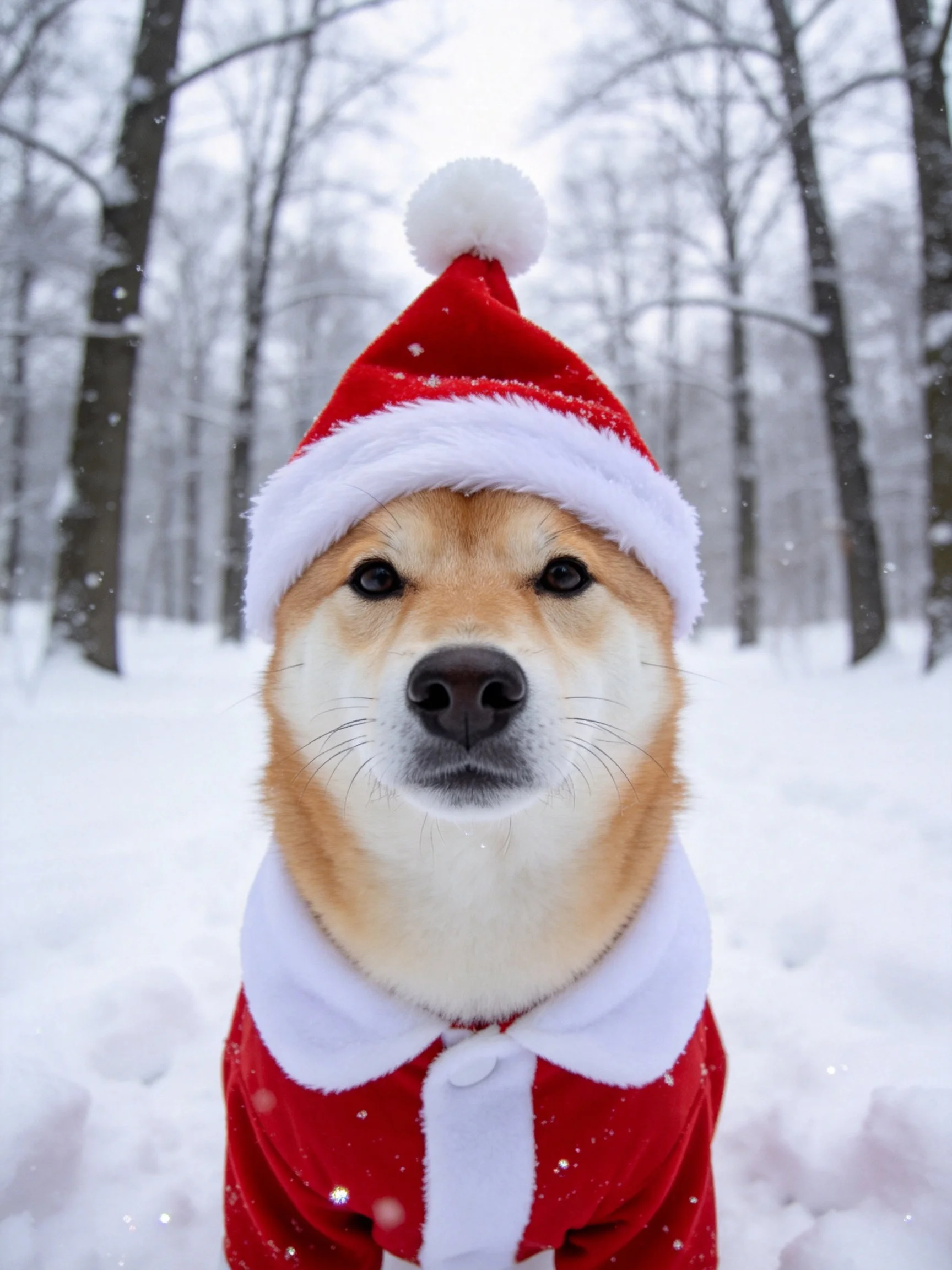 A shiba inu wearing a red Santa hat and coat in a snowy forest