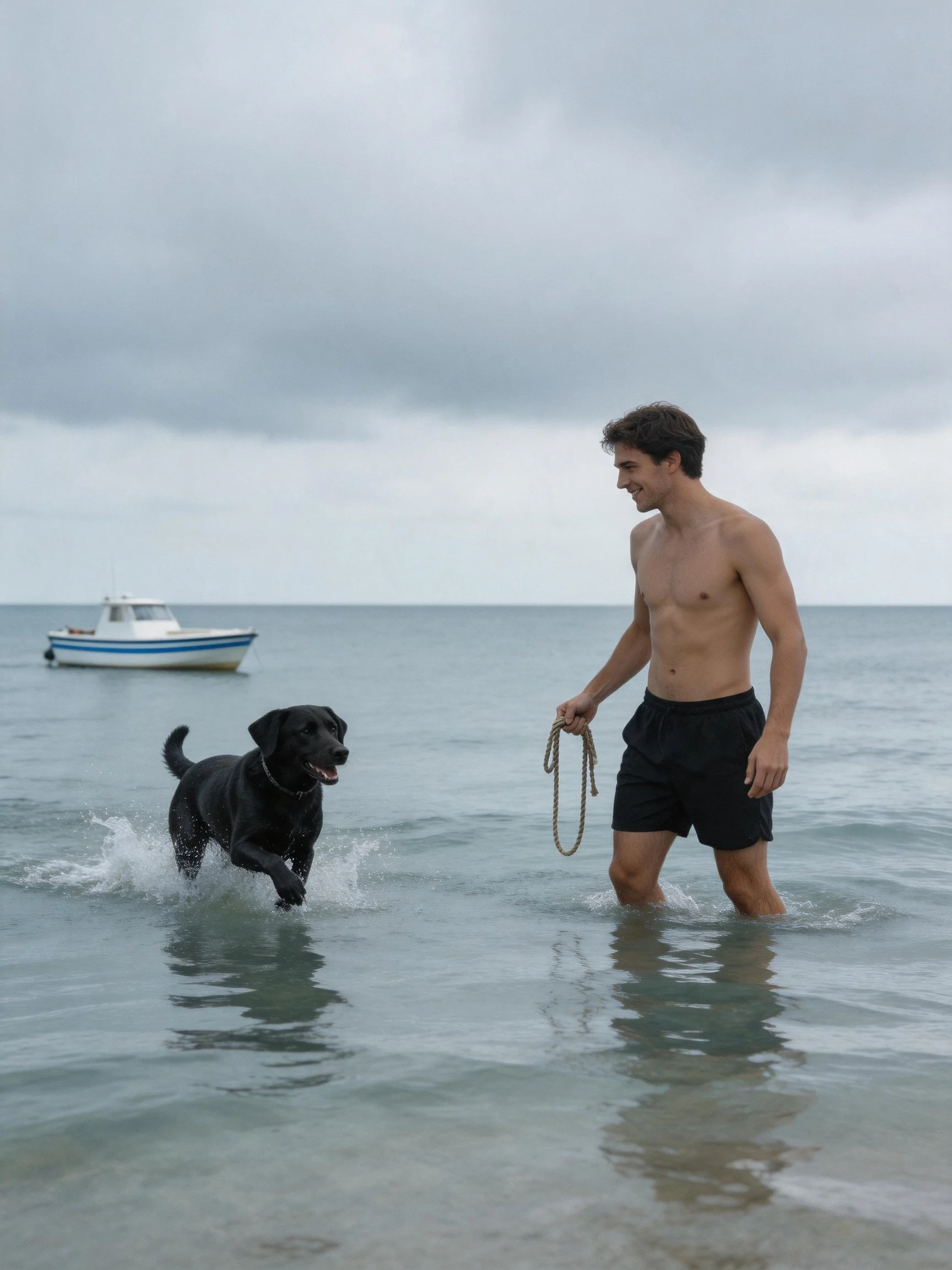 A man plays with his black dog in shallow ocean water near a small boat.