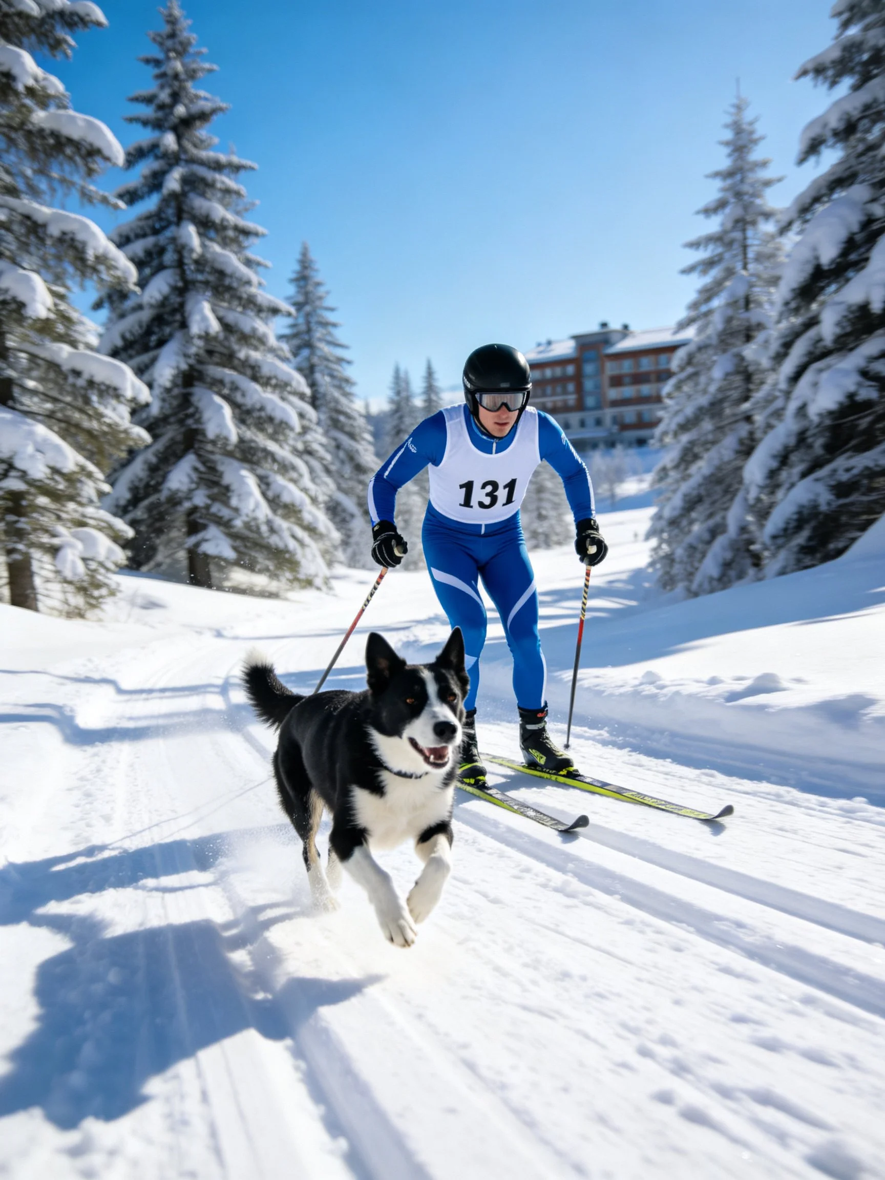 A skier in a numbered racing suit pulls a black and white dog while skiing on a snowy trail.