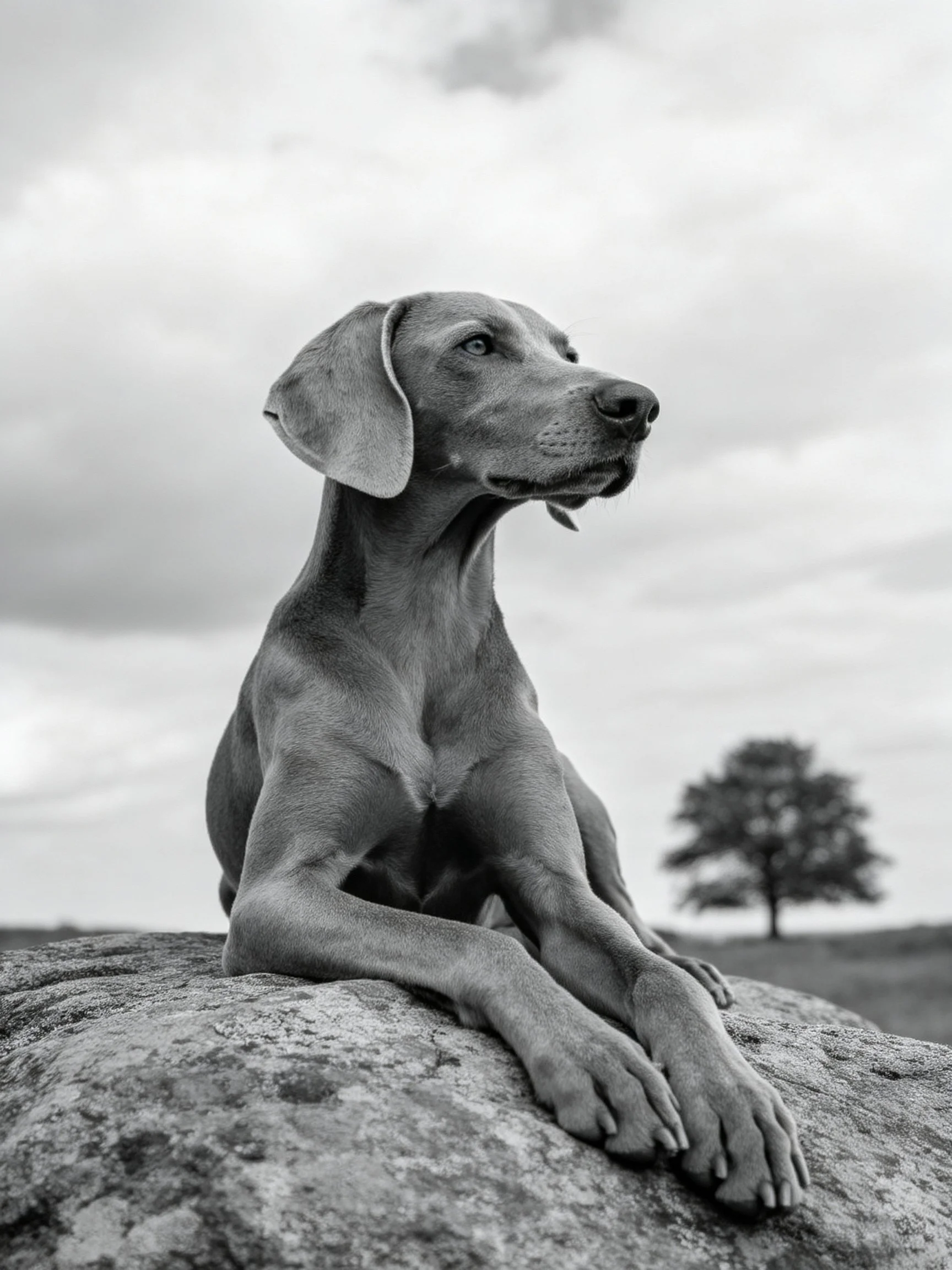 A sleek Weimaraner rests on a large rock beside a distant tree
