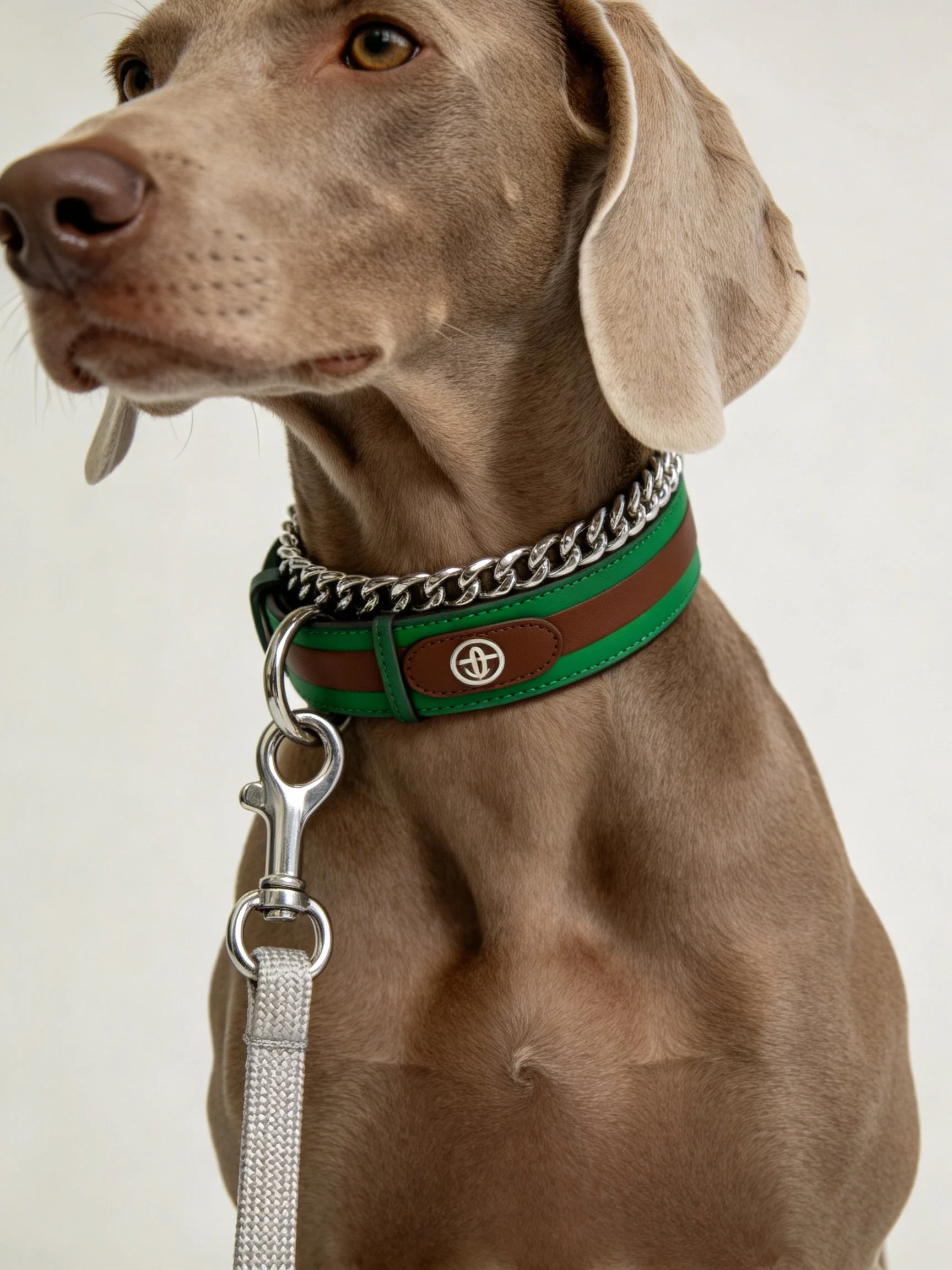 A sleek Weimaraner wearing a green-brown leather collar with silver chains
