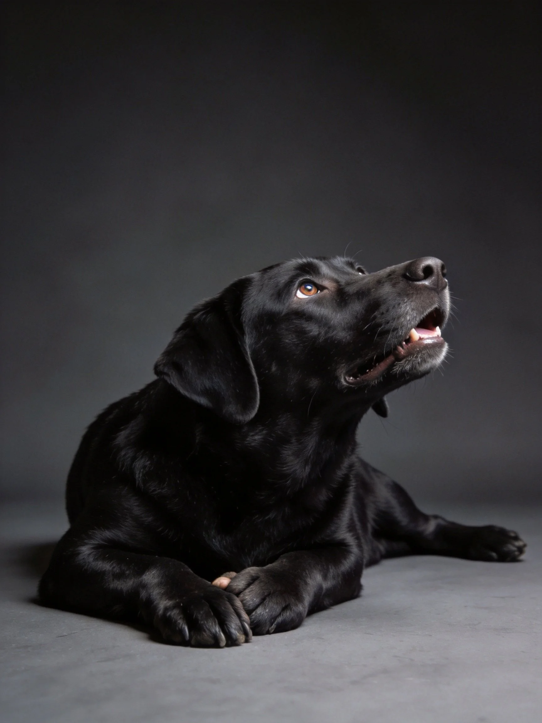 A black Labrador Retriever lies relaxed yet alert against a dark backdrop.