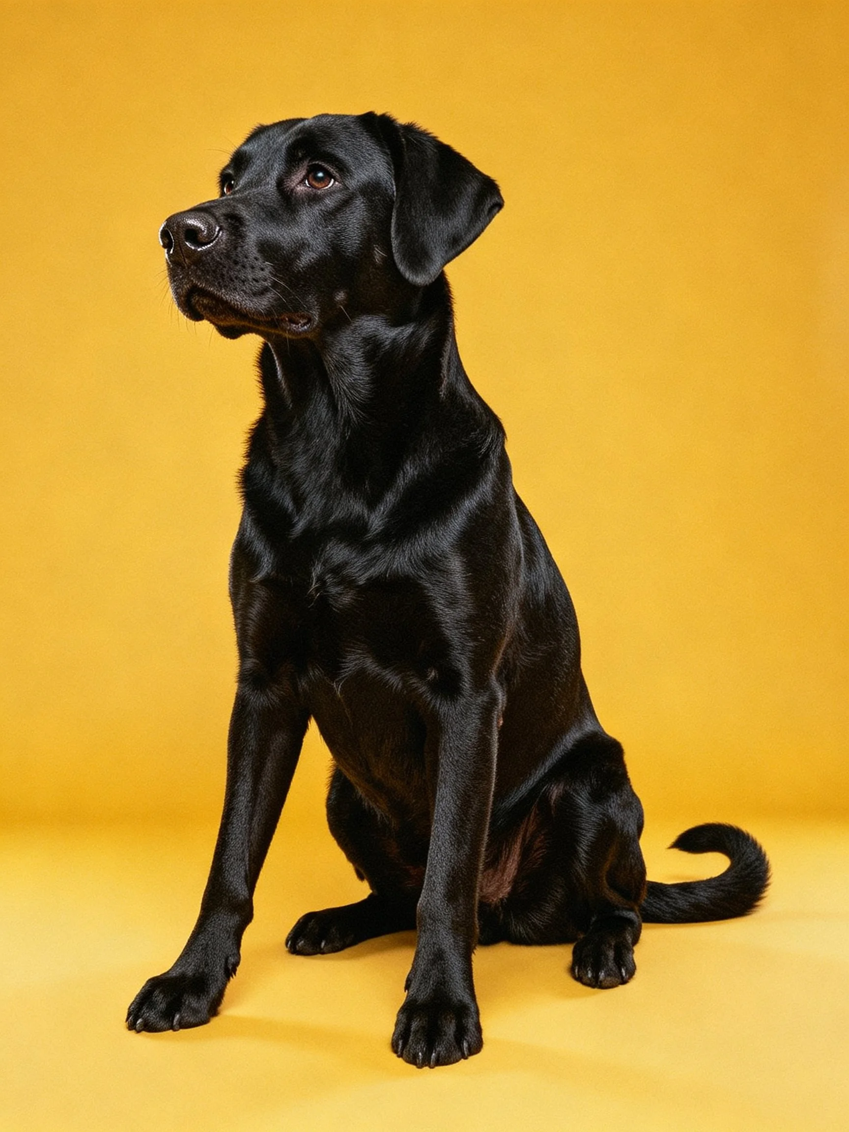 A sleek black Labrador sits against a solid yellow backdrop