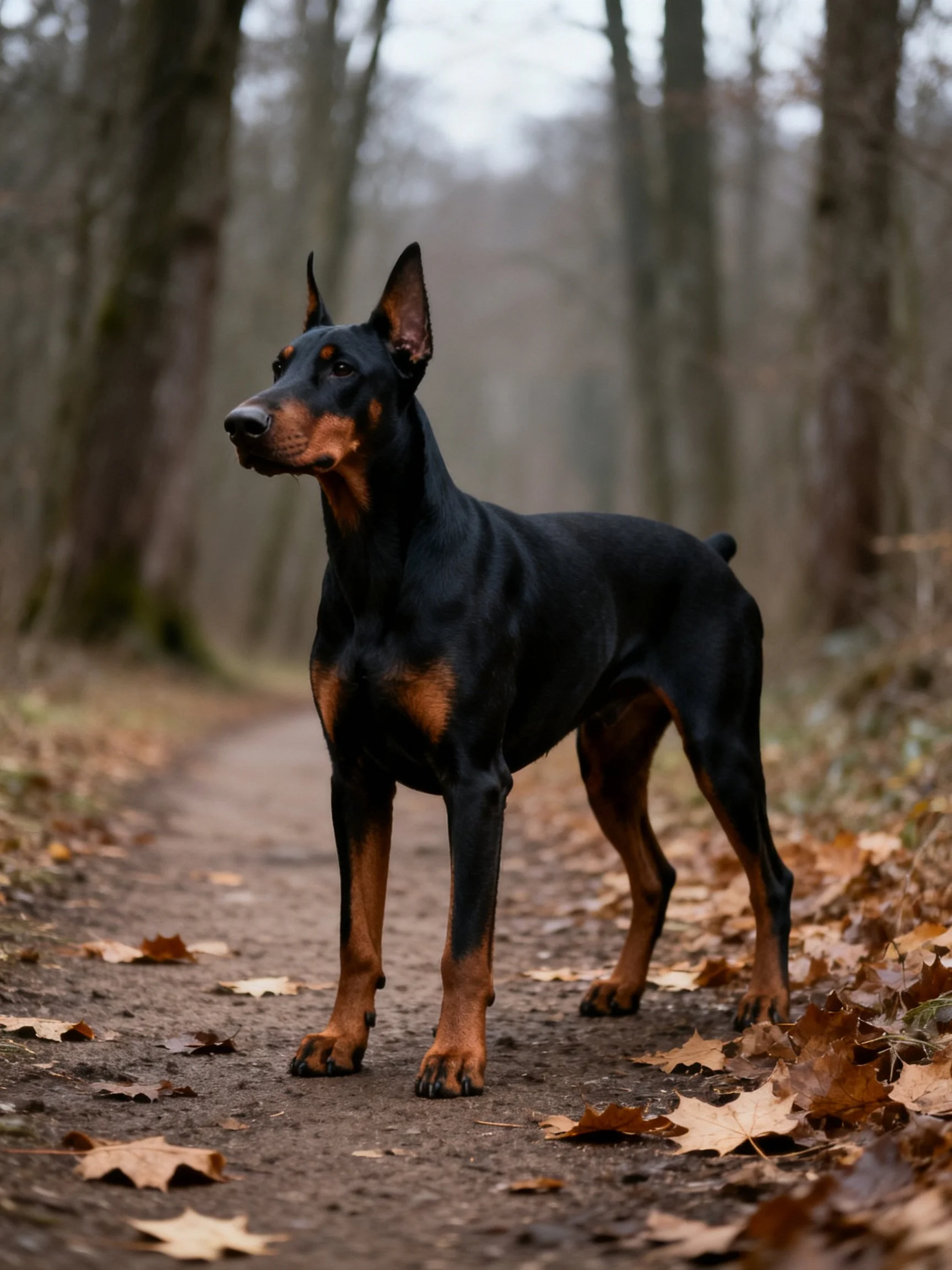 A sleek black and tan Doberman stands on a leaf-strewn forest path