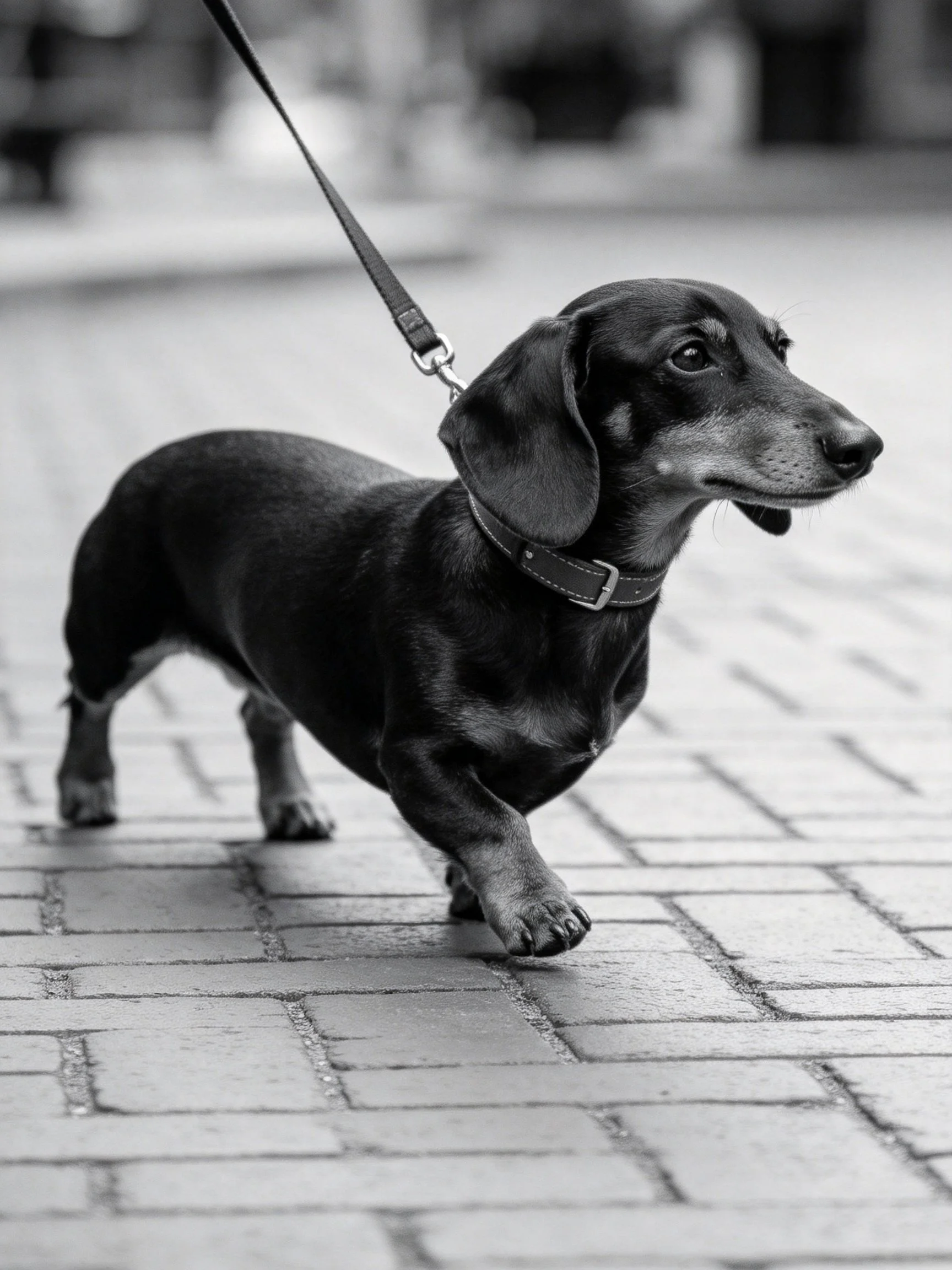 A sleek black dachshund walks on a brick-paved street with a leash