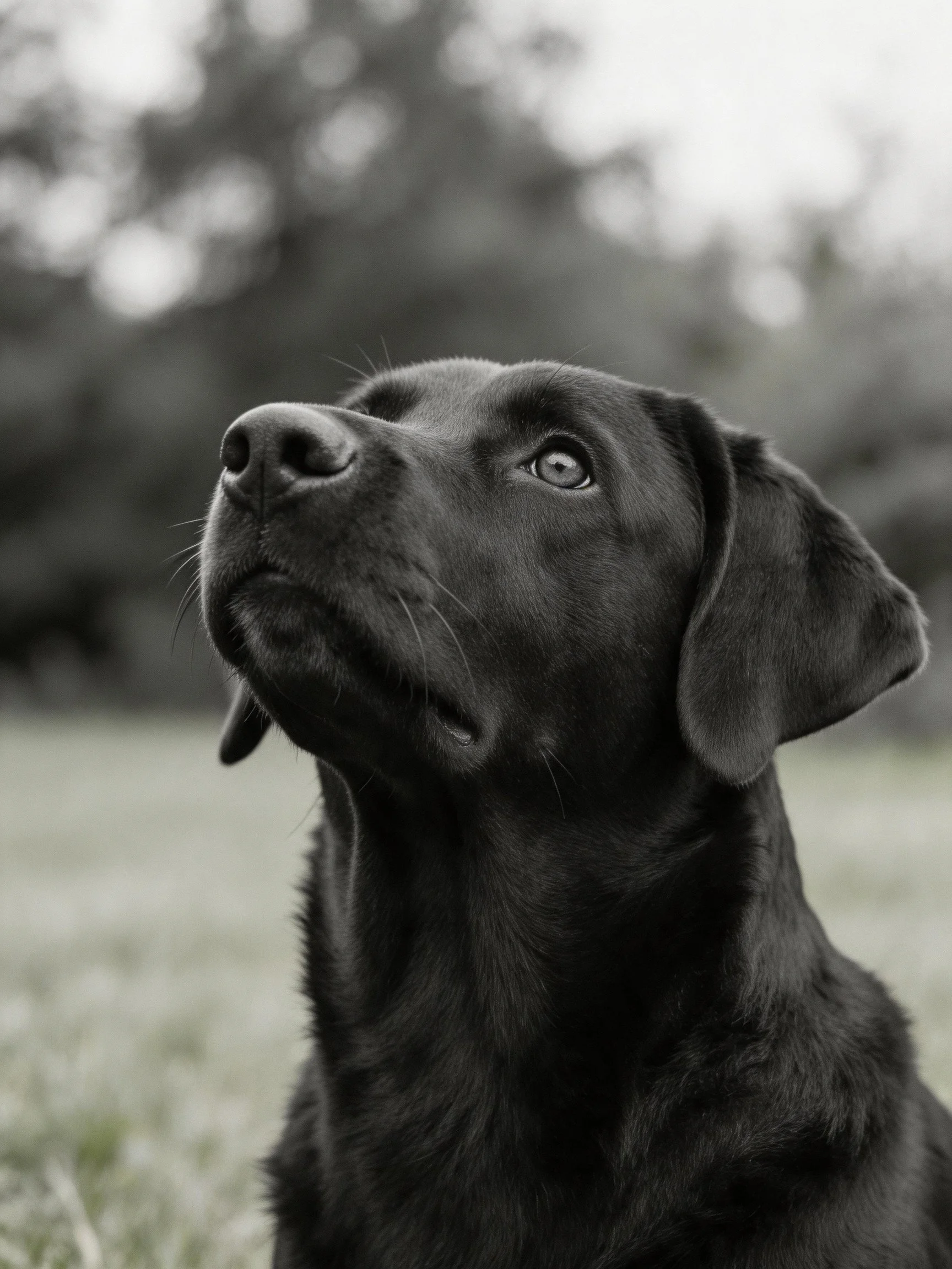A black dog gazes upward in an outdoor area with blurred greenery.
