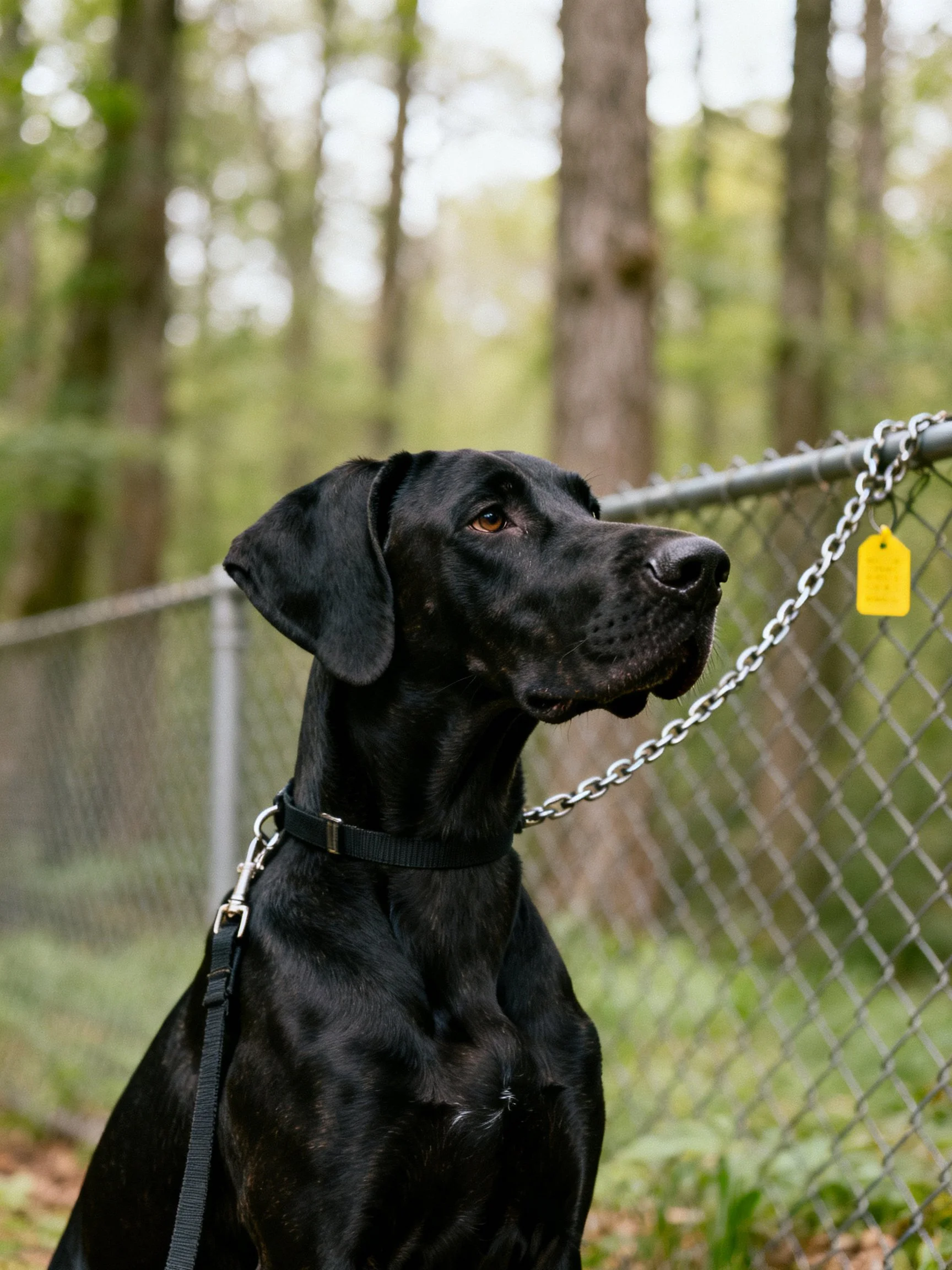 A sleek black dog stands near a chain-link fence in a forested area.