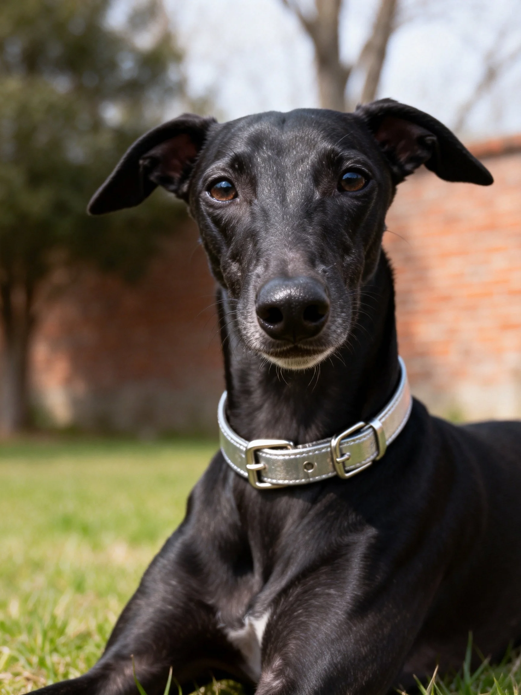 A sleek black dog rests calmly on grass beside a brick wall.