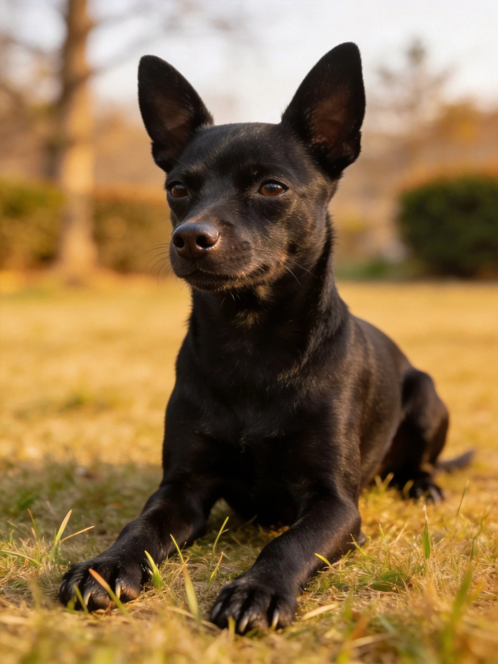 A sleek black dog sits calmly on grass in a sunlit outdoor space.