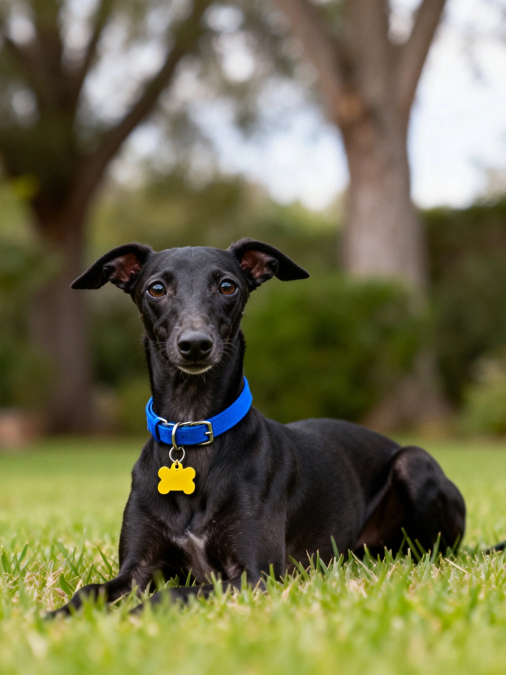 A black dog with a blue collar relaxes on grass in an outdoor area.