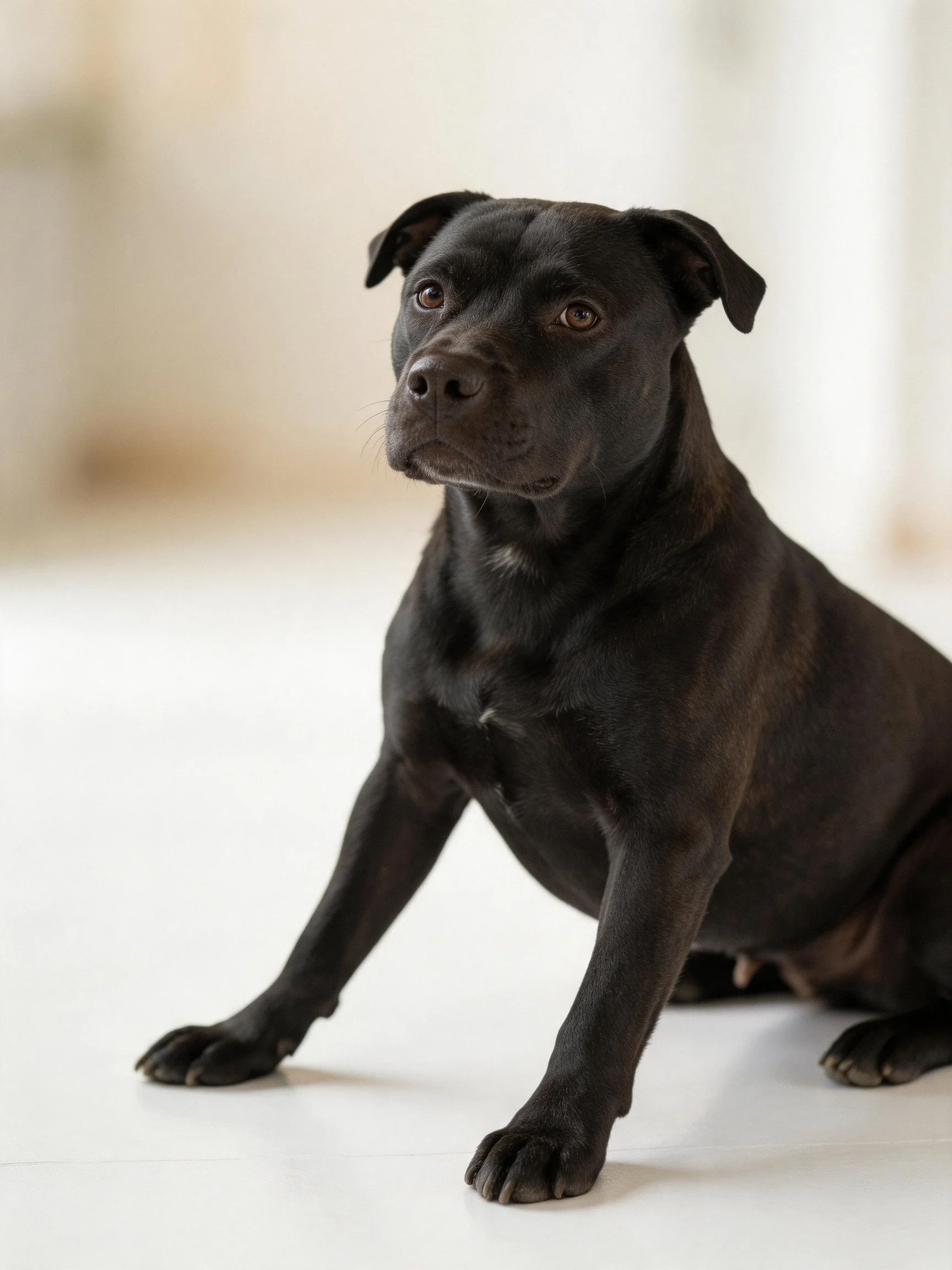 A sleek black dog sits attentively on a white floor