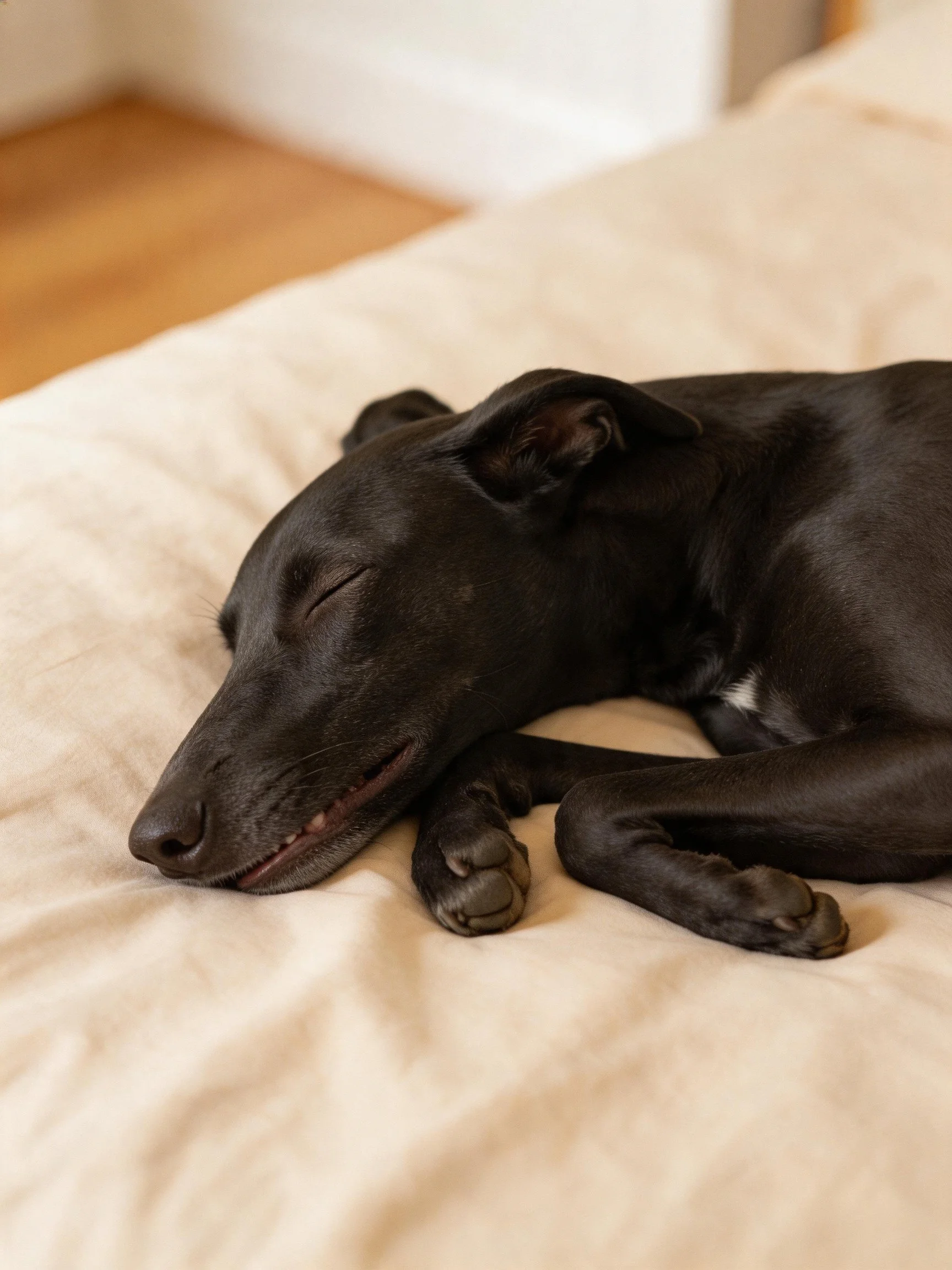 A sleek black dog rests comfortably on a soft bed.