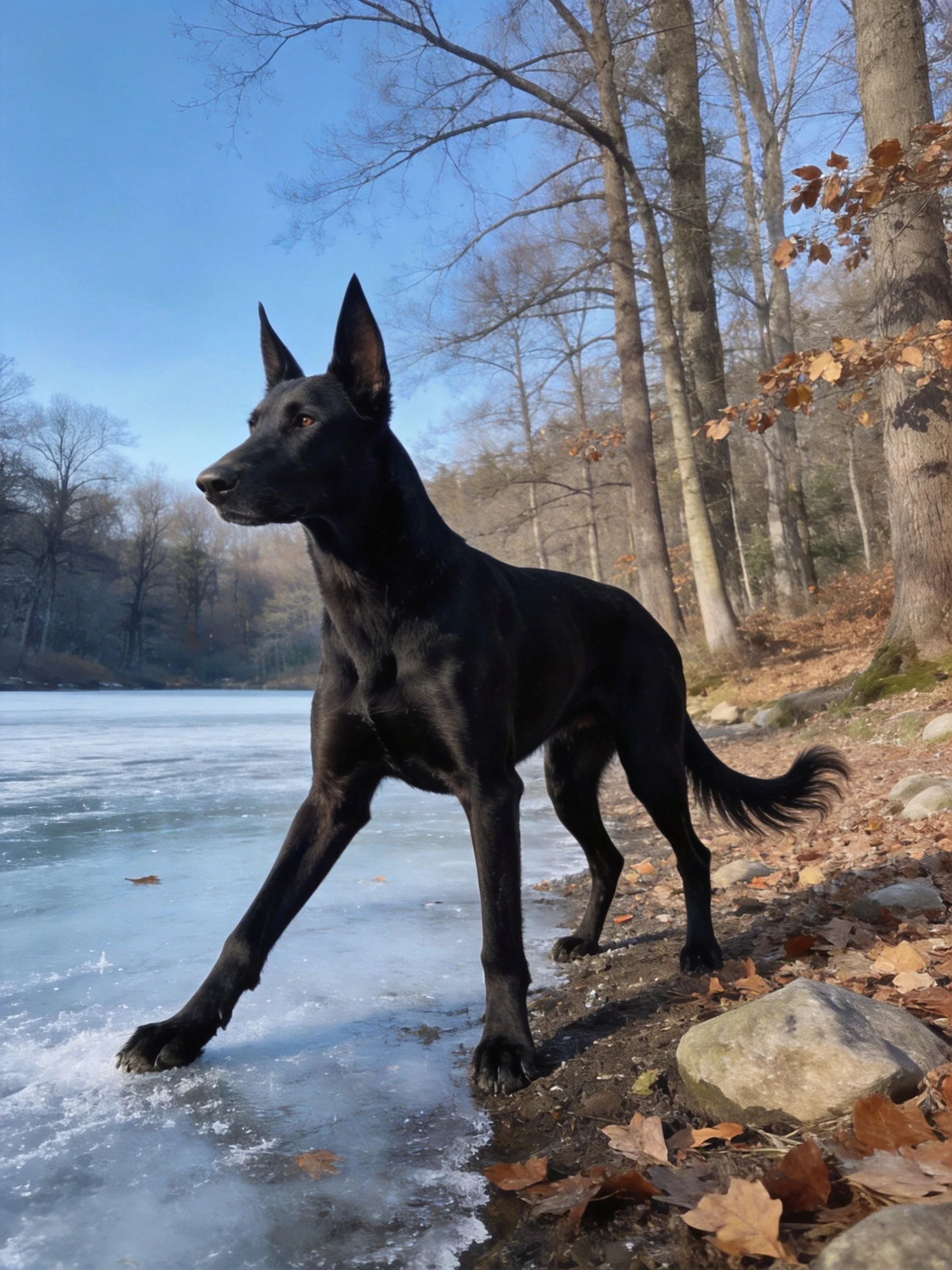 A sleek black dog stands on the edge of a partially frozen lake near autumn trees.
