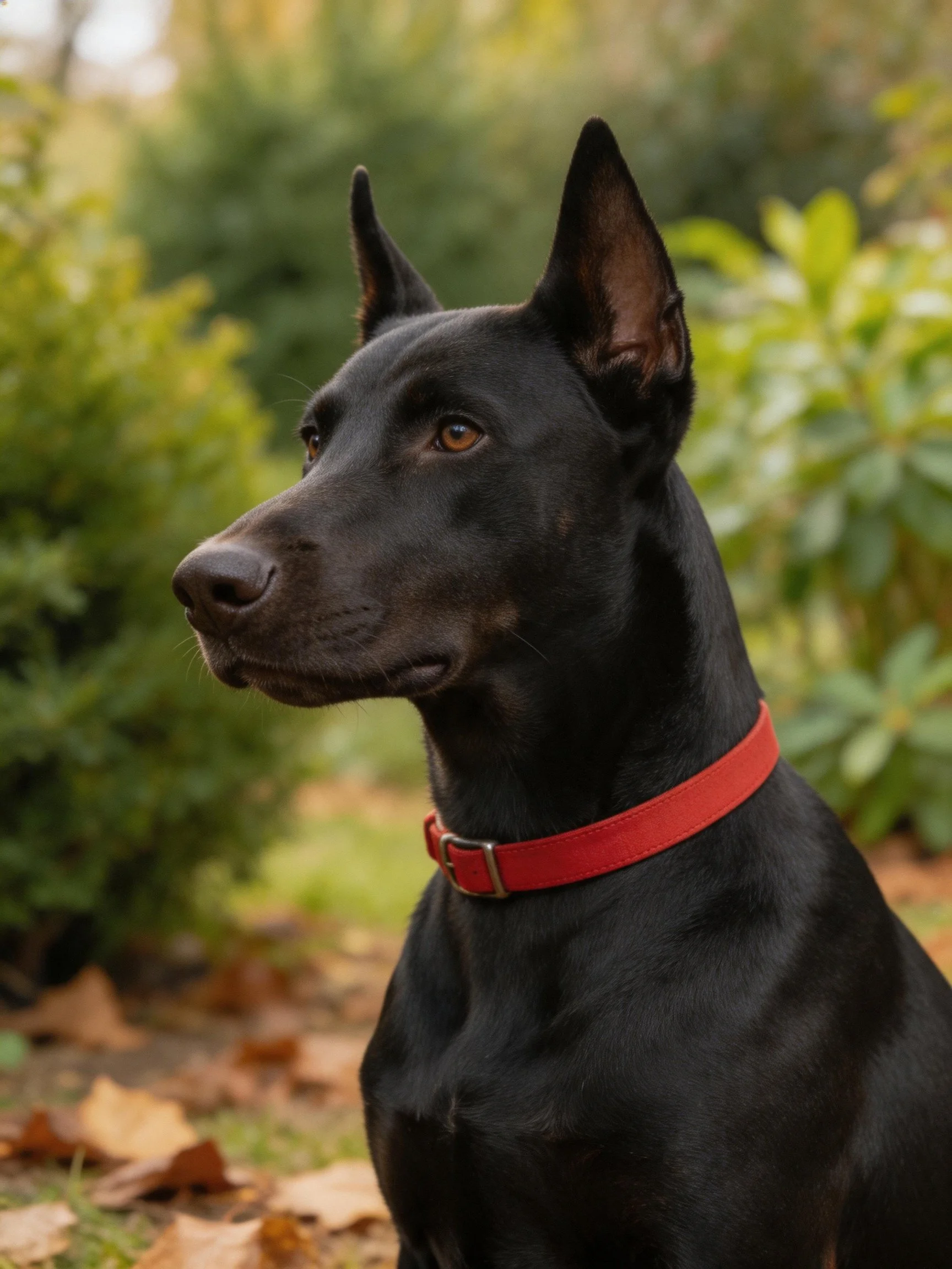 A sleek black dog with a red collar in greenery