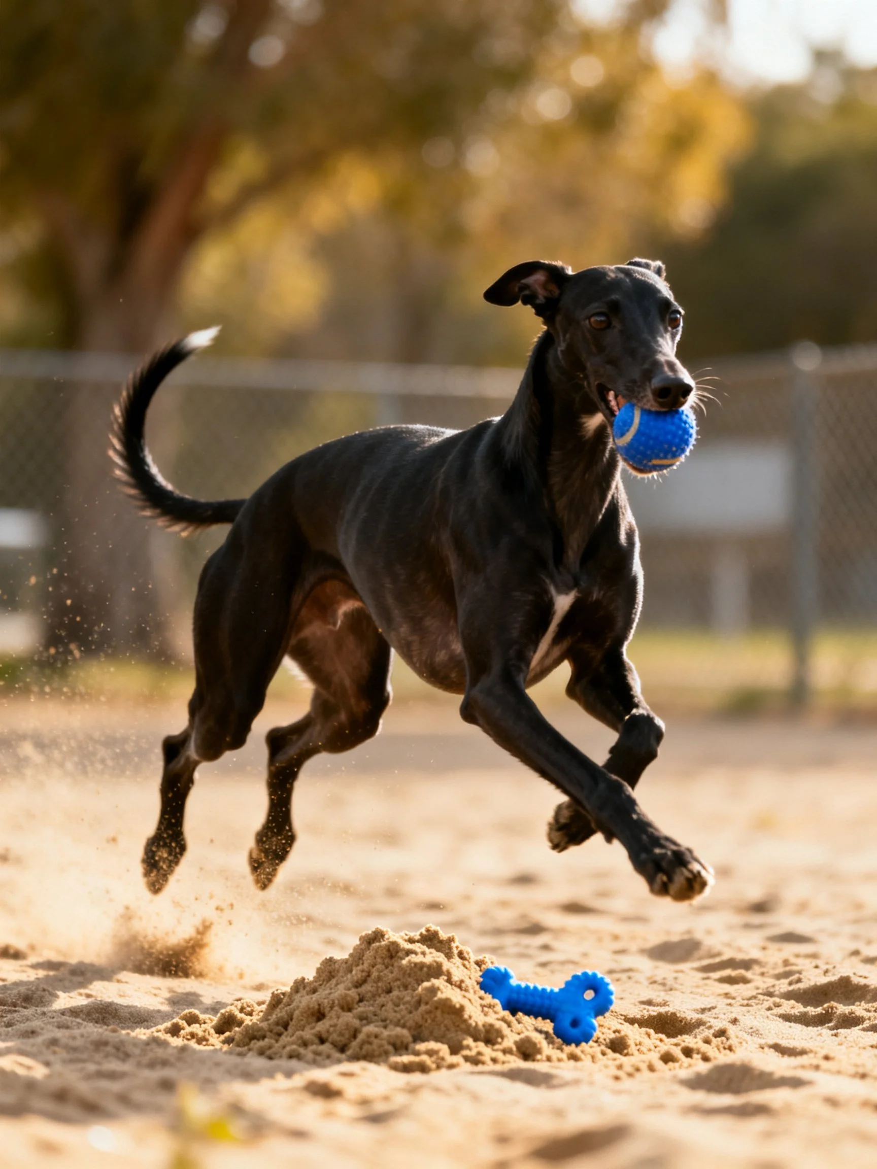 A sleek black greyhound leaps over sand with a blue ball
