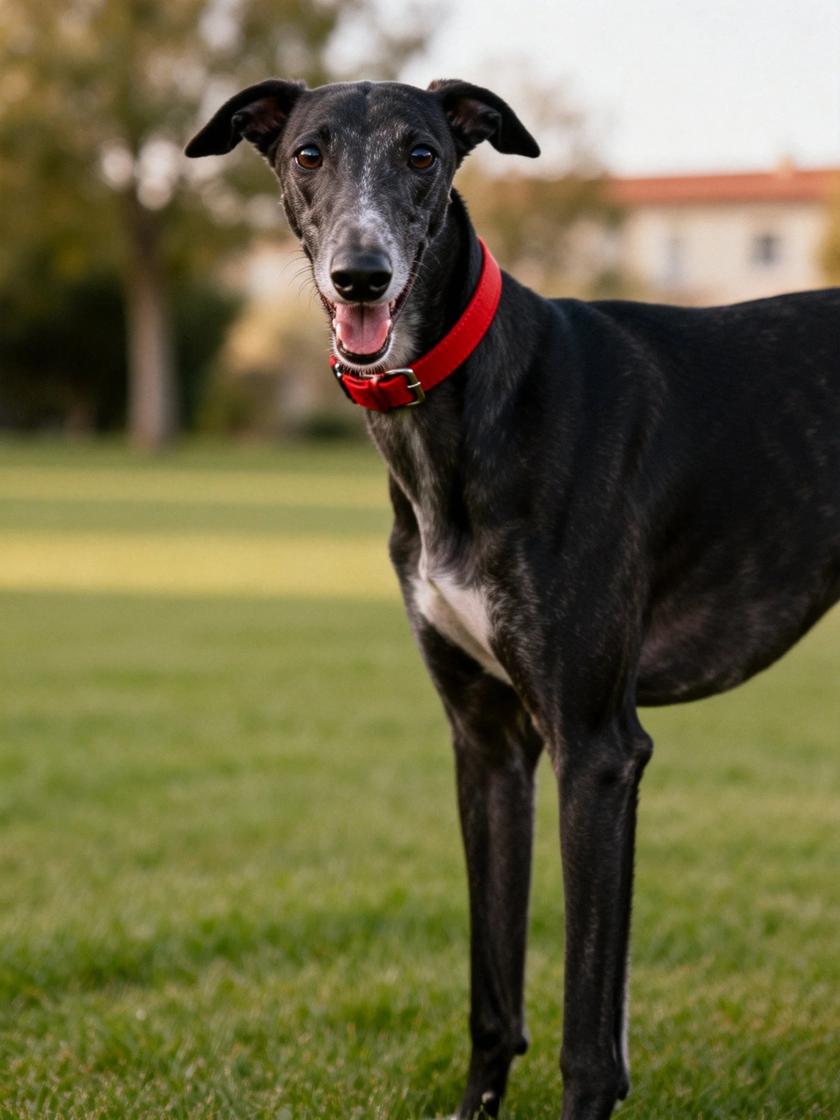 A sleek black greyhound wearing a bright red collar stands on green grass