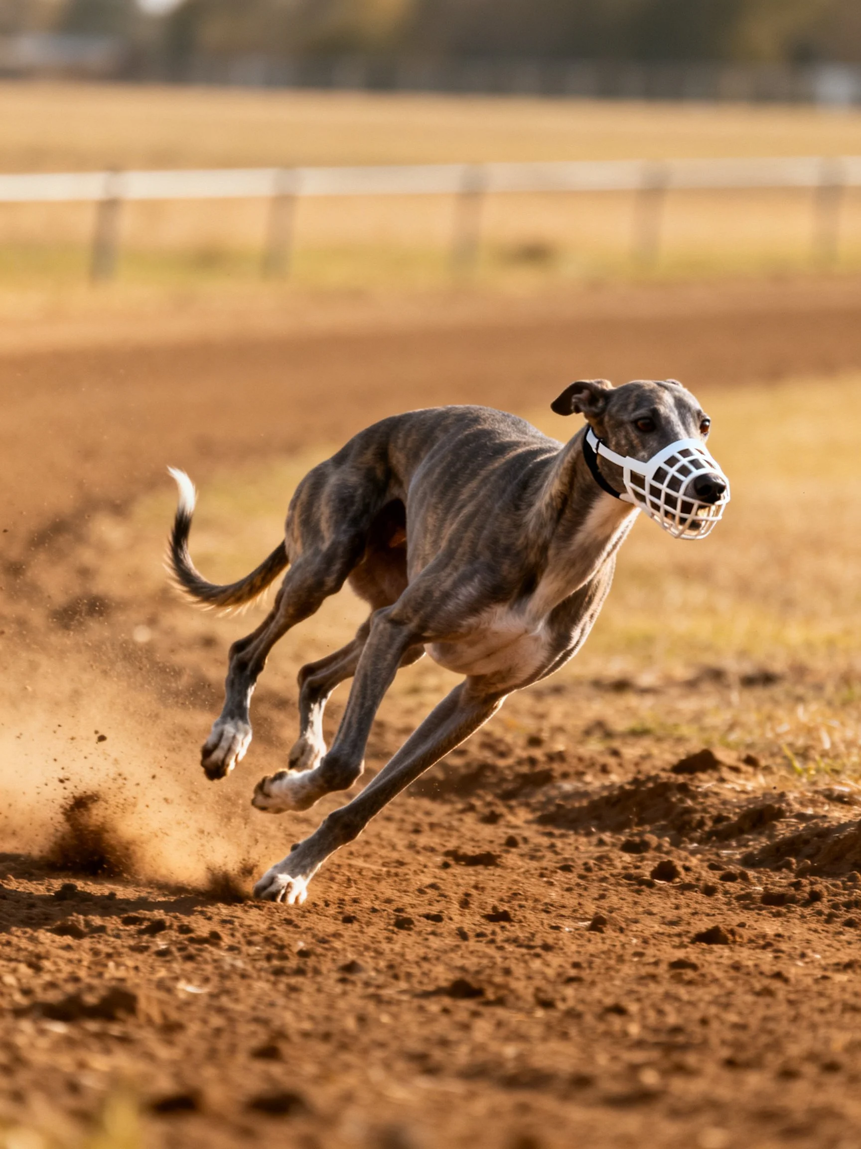 A greyhound races swiftly along a dusty outdoor track.