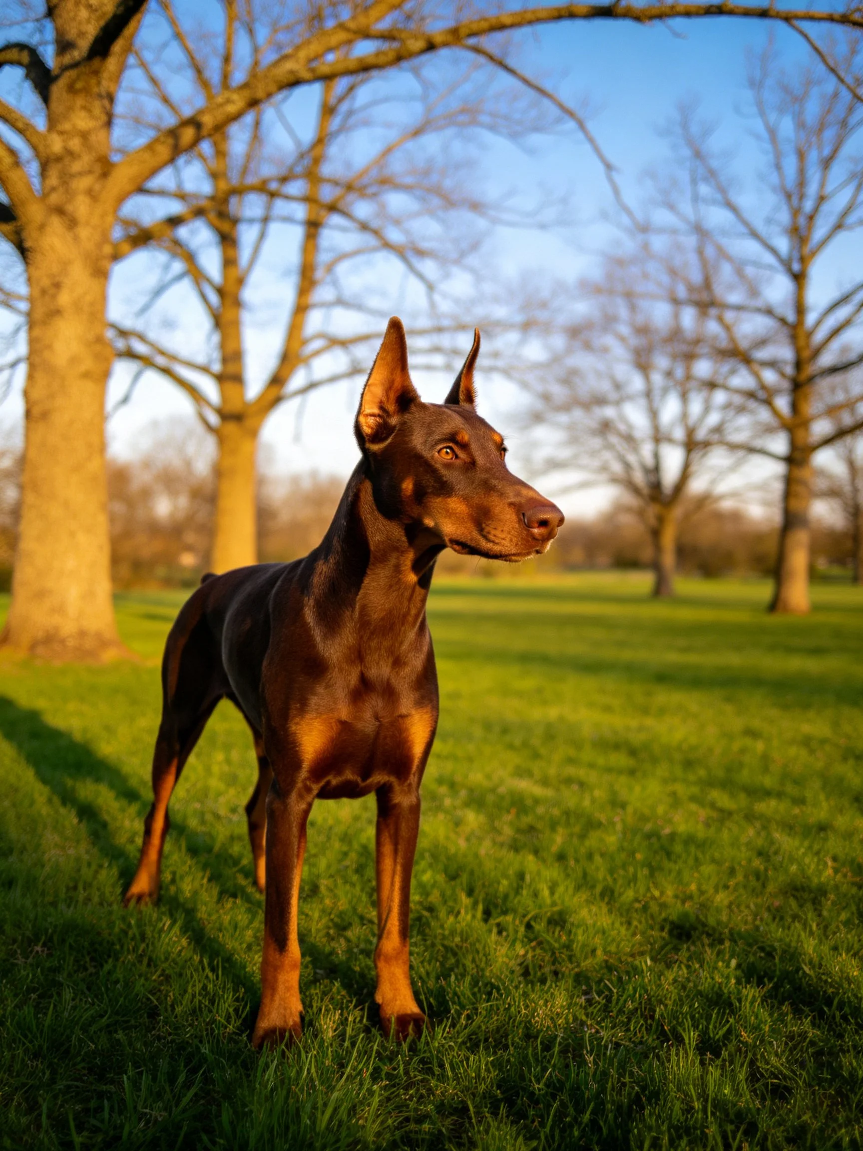 A sleek brown Doberman stands on green grass near leafless trees