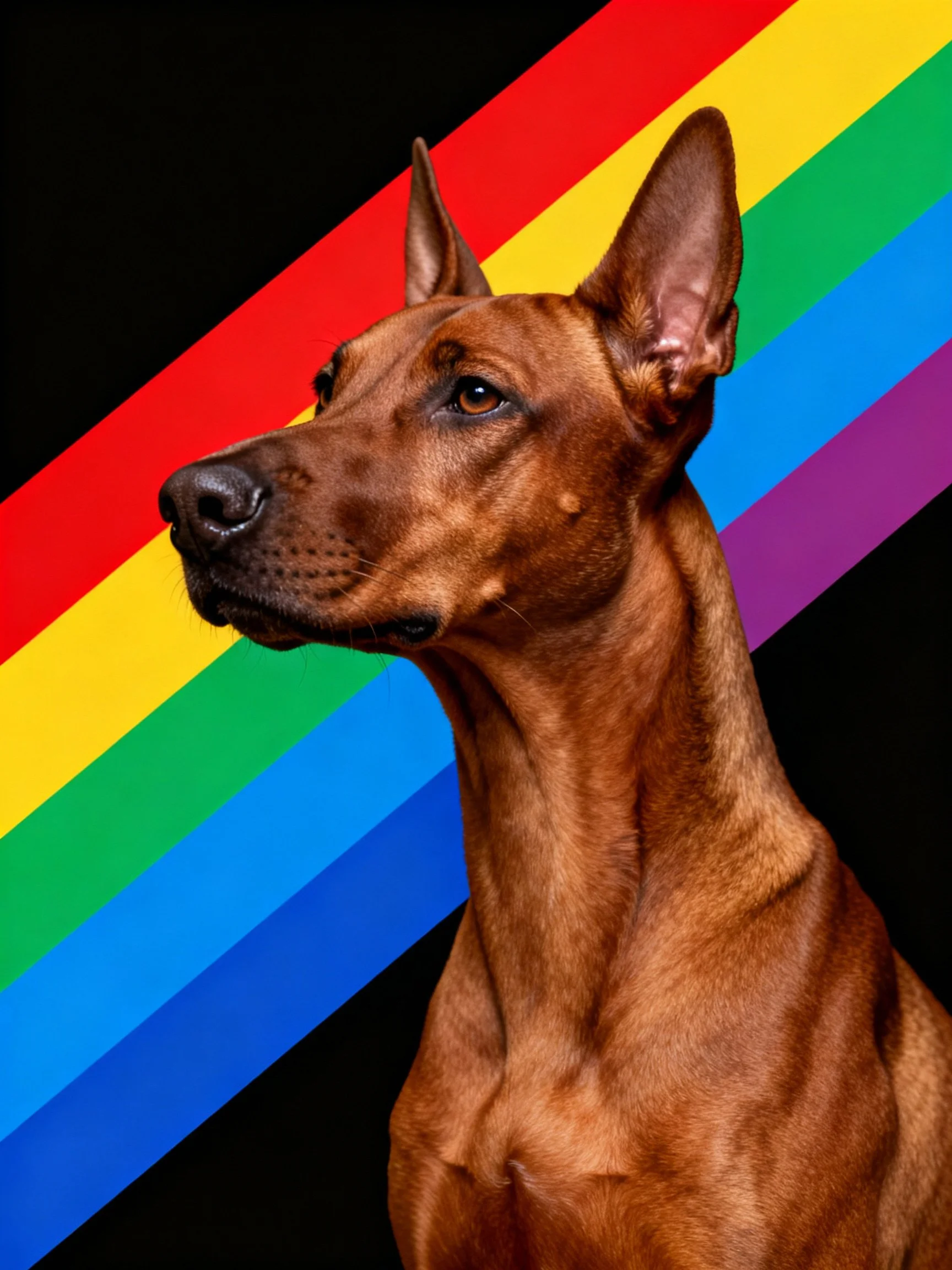 A sleek brown dog posed before diagonal rainbow stripes